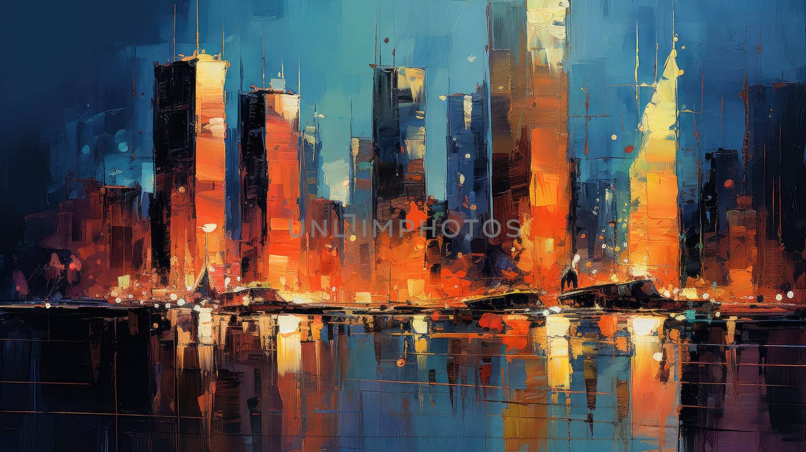 A cityscape painted in vibrant hues watercolor illustration - Generative AI. Building, skyscraper, water, reflection.