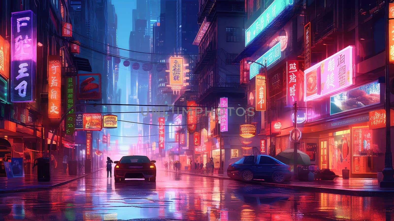 Metropolis adorned with neon lights watercolor illustration - Generative AI. Building, street, neon, people, car.