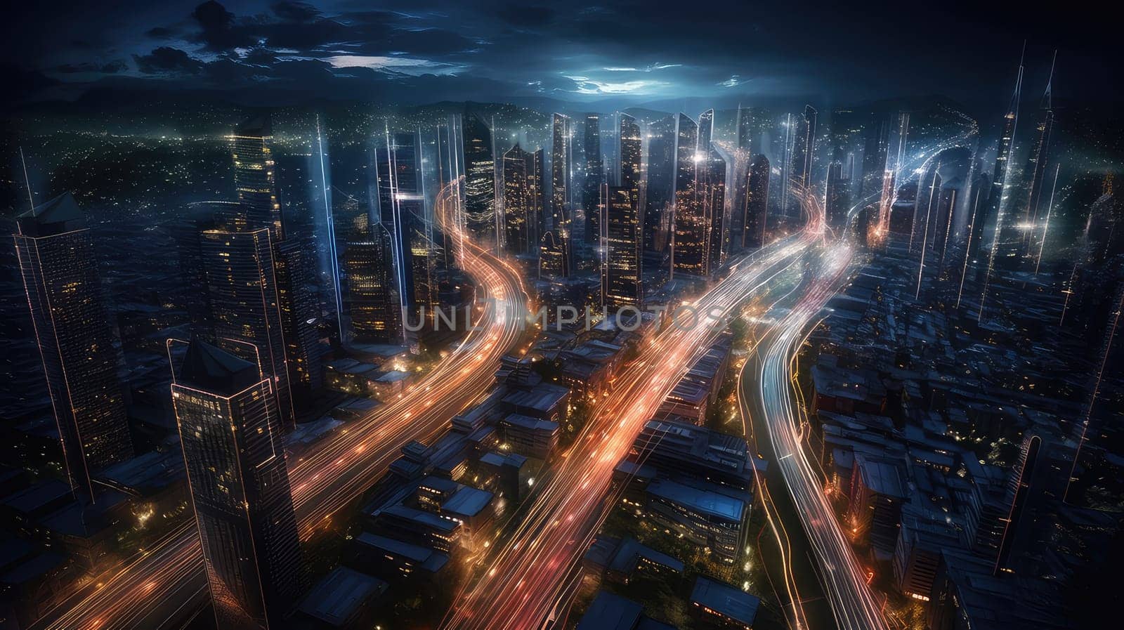 Brilliant streaks of light race photo realistic illustration - Generative AI. Building, lights, skyscraper, sky, streaks.