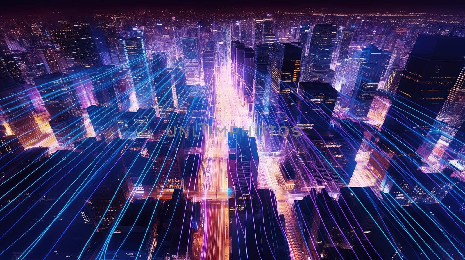 Glowing pathways photo realistic illustration - Generative AI. Building, skyscraper, neon, pathways, sky.