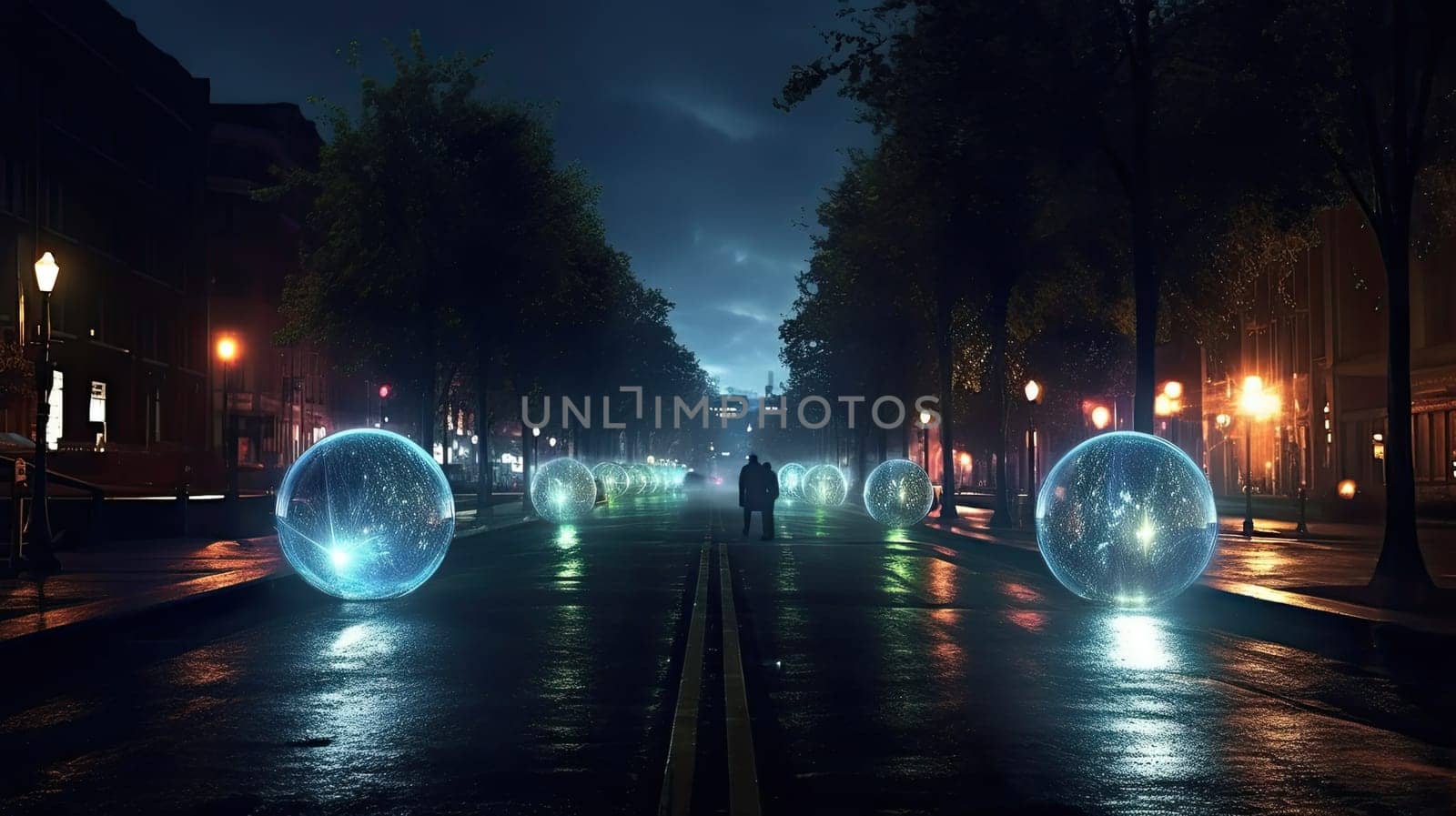 Luminiscent spheres float above the city streets photo realistic illustration - Generative AI. Street, people, building, sphere.