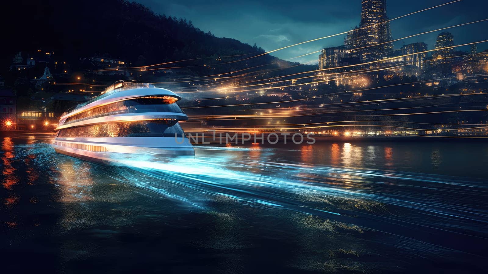 Traces of holographic trails watercolor illustration - Generative AI. Lights, boat, building, water, sky.