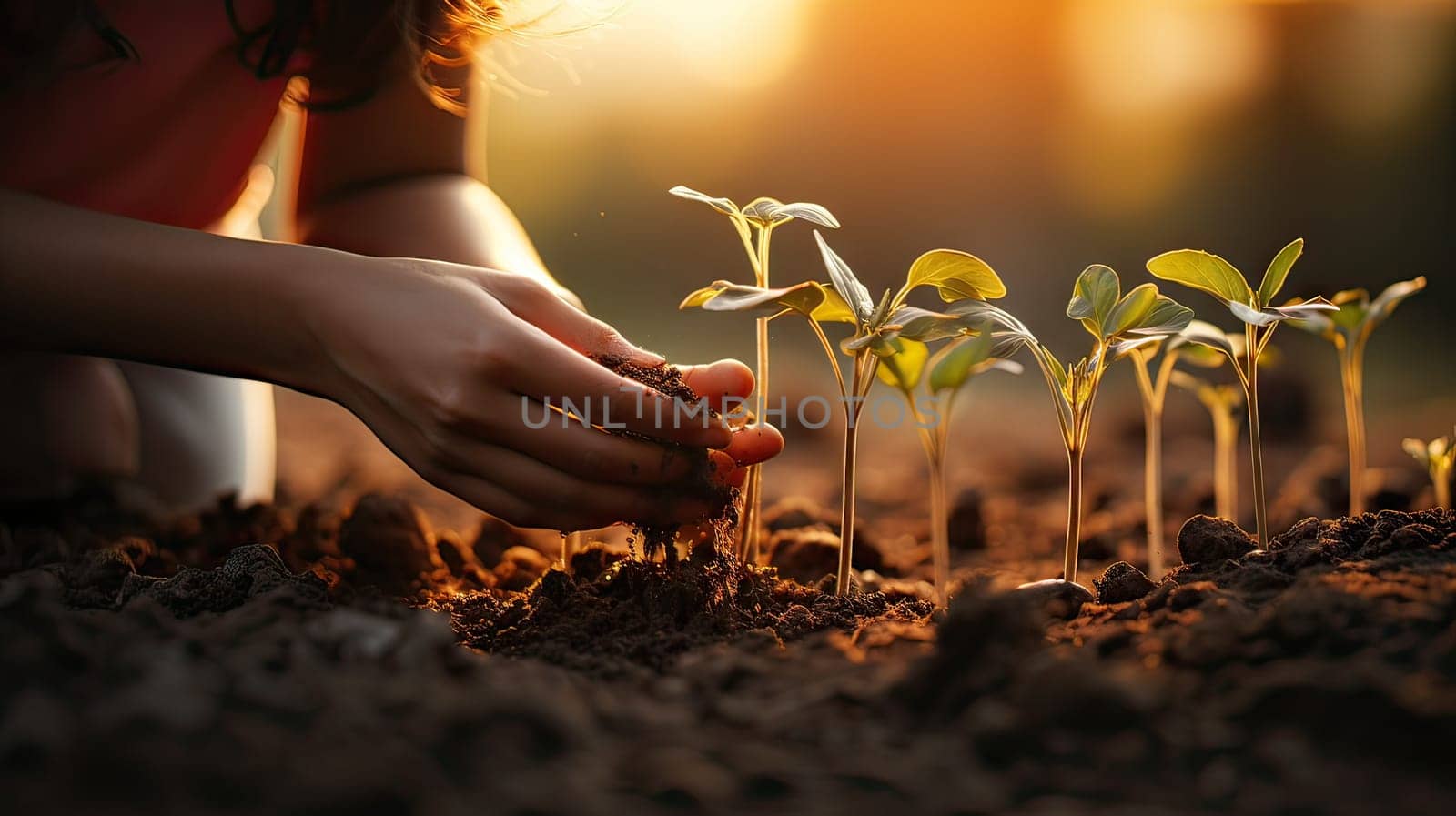 Female hands nurturing soil for plant growth. Agriculture, gardening, and ecology concept. Touching the earth with care and preparing for the growth of vegetable or plant seedlings