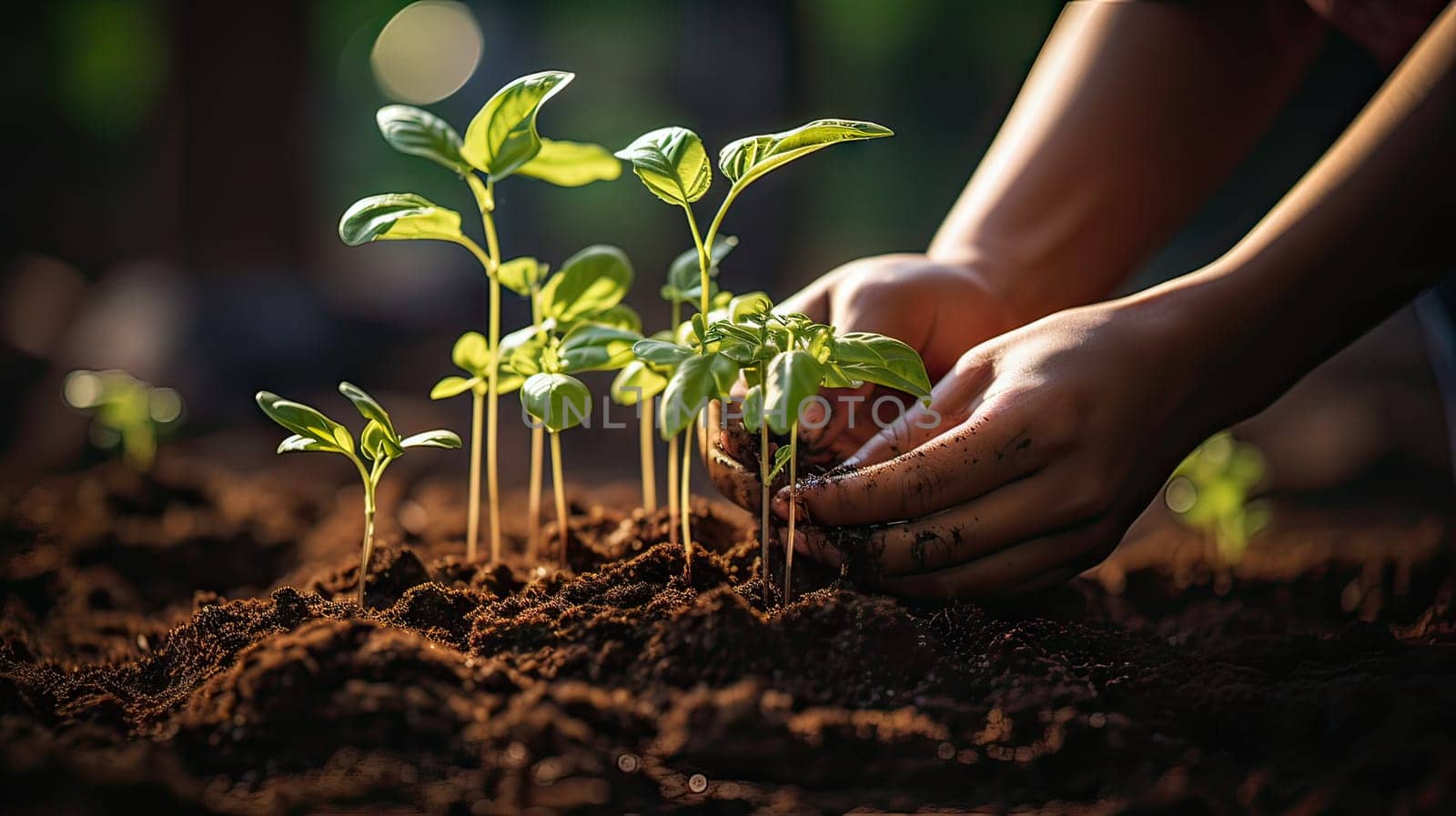 Hands nurturing soil for plant growth. Agriculture, gardening, and ecology concept. Female hands delicately touching the earth, preparing the ground for sowing vegetable or plant seedlings