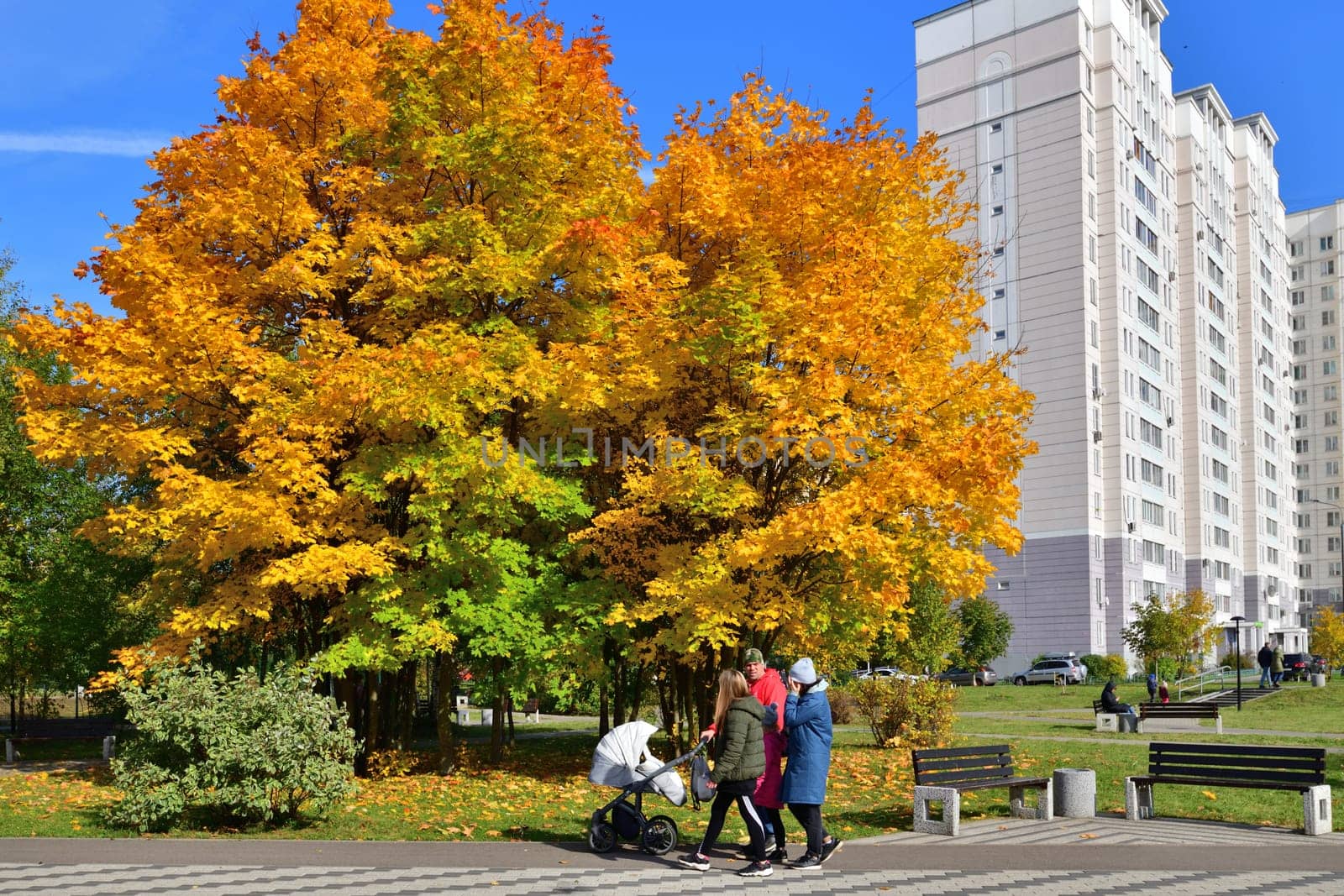 Moscow, Russia - October 2. 2021. autumn in a boulevard in Zelenograd