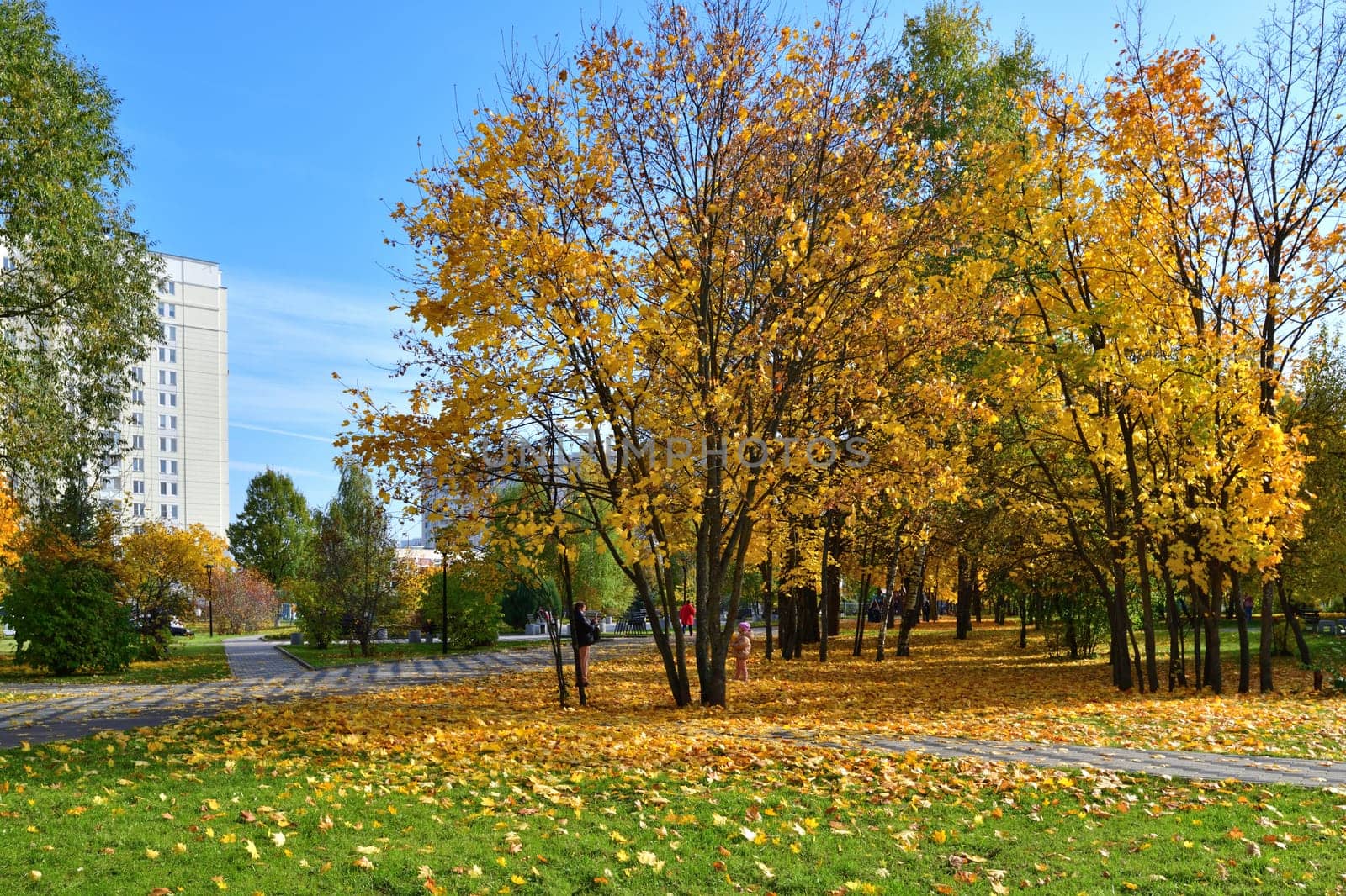 Moscow, Russia - October 2. 2021. autumn in a boulevard in Zelenograd