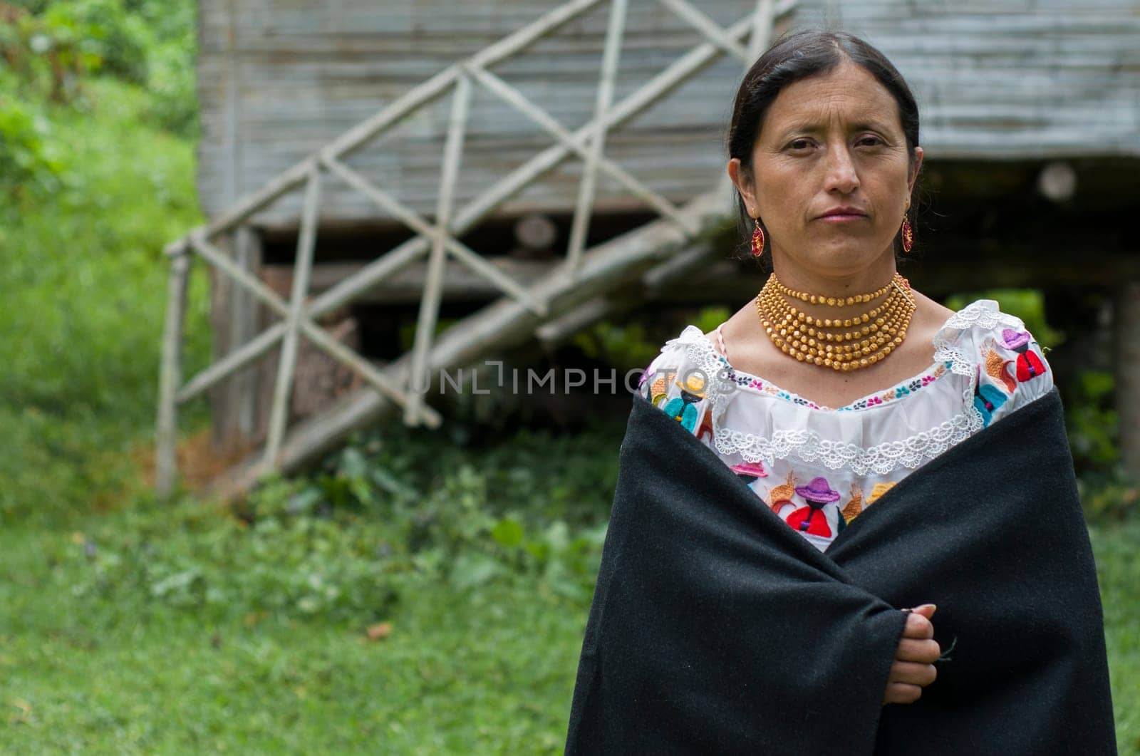 woman from the amazon of ecuador next to her wooden house in the jungle with traditional dress of ancestral ceremony. High quality photo