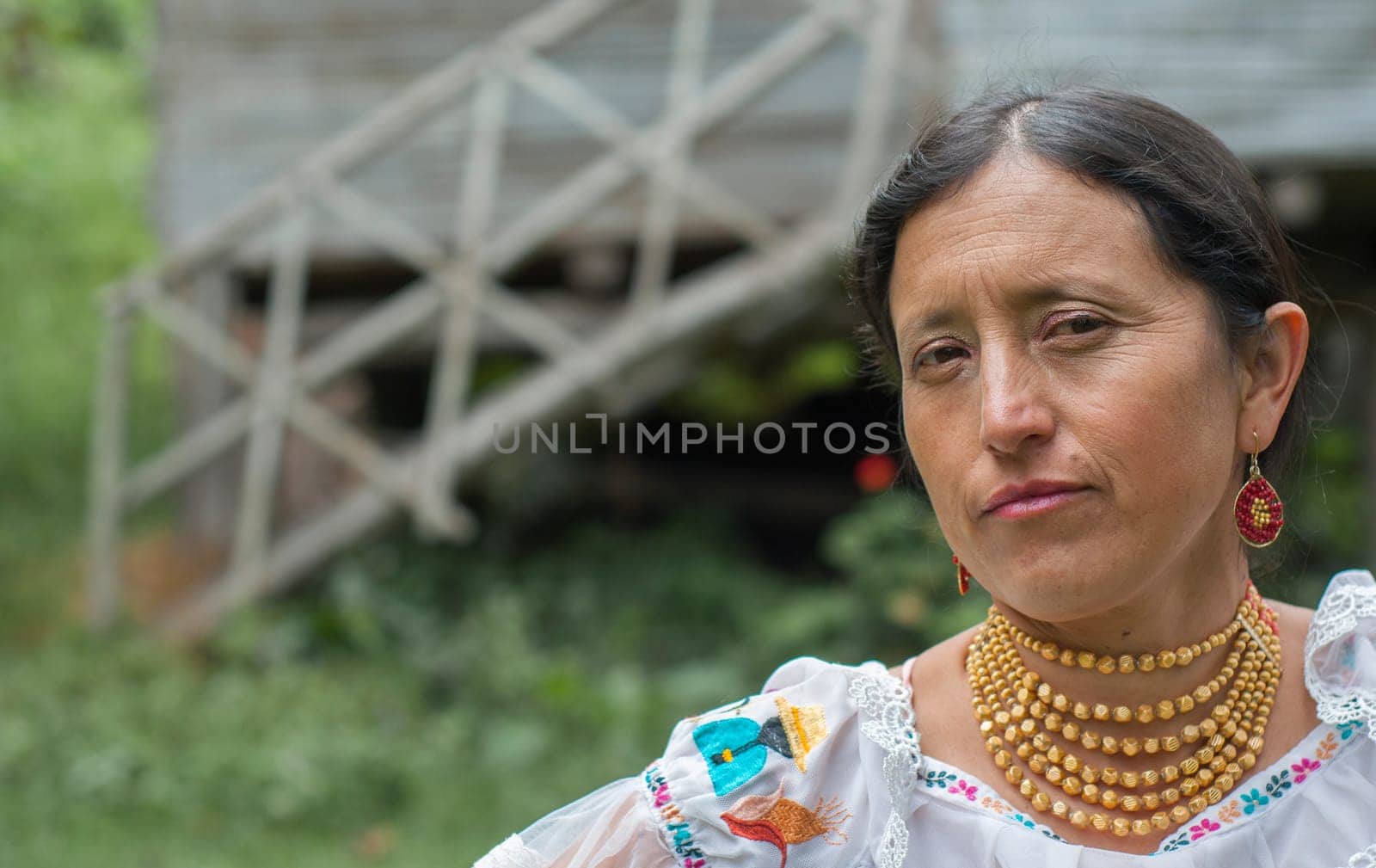 close-up copyspace of old woman shaman of indigenous people of the amazon of south america. High quality photo