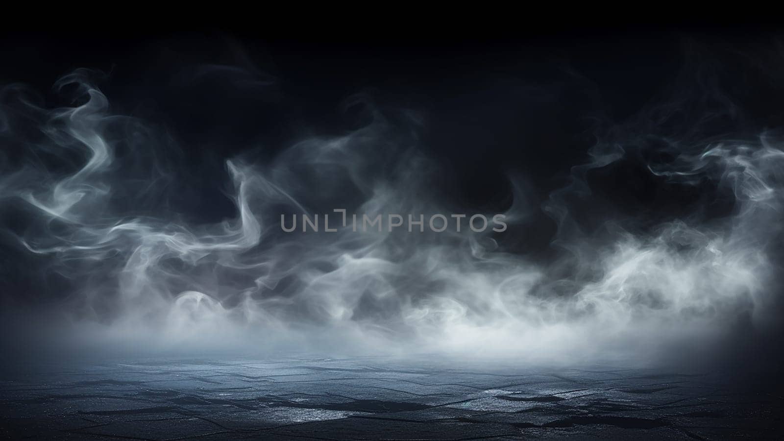 Fog In Darkness. Smoke And Mist On Wooden Table. Abstract And Defocused Halloween Backdrop. by ijeab