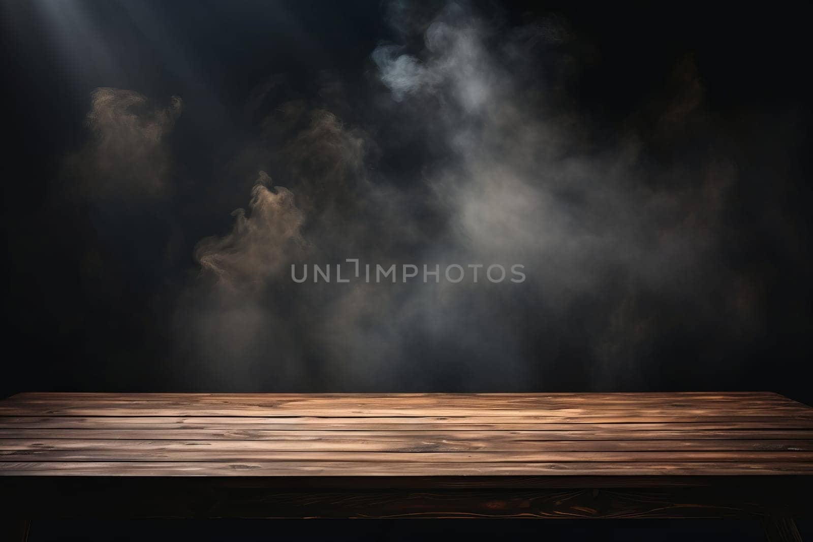 Empty wooden table with smoke floats up for displaying your products. by ijeab