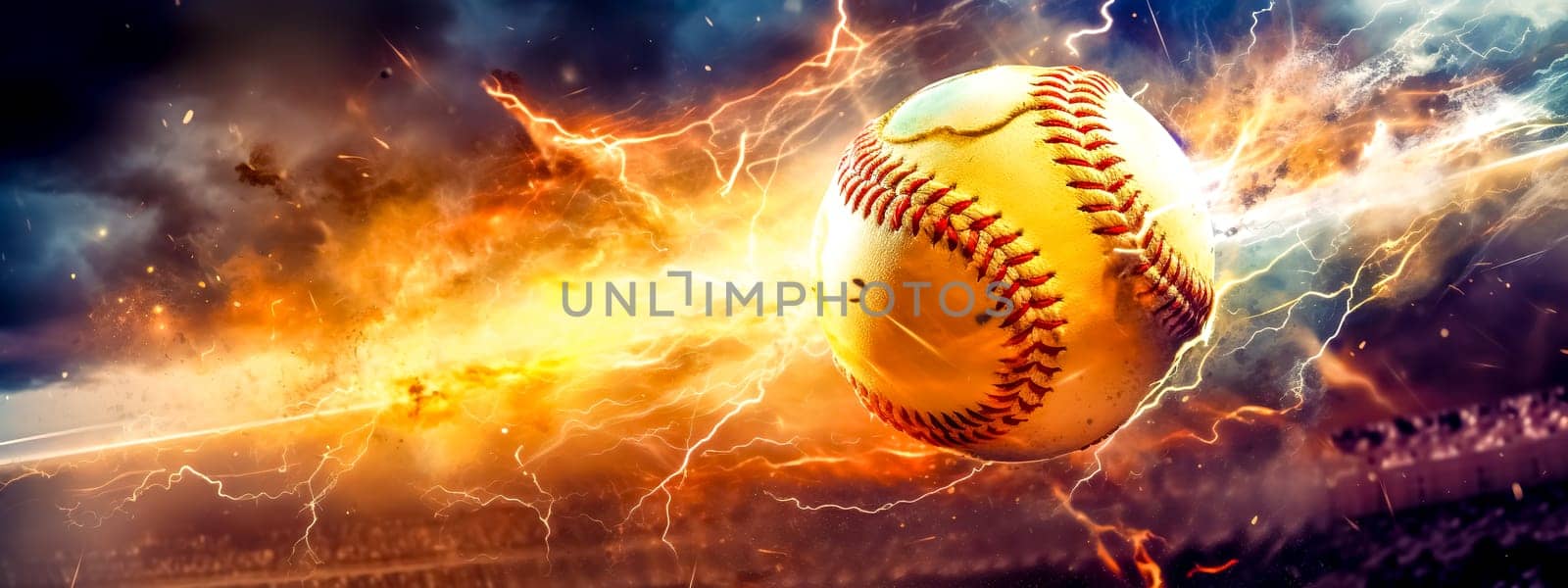 magic leather baseball ball in a colorful explosion of fire energy and movement, sports performance, banner with copy space made with Generative AI by Edophoto