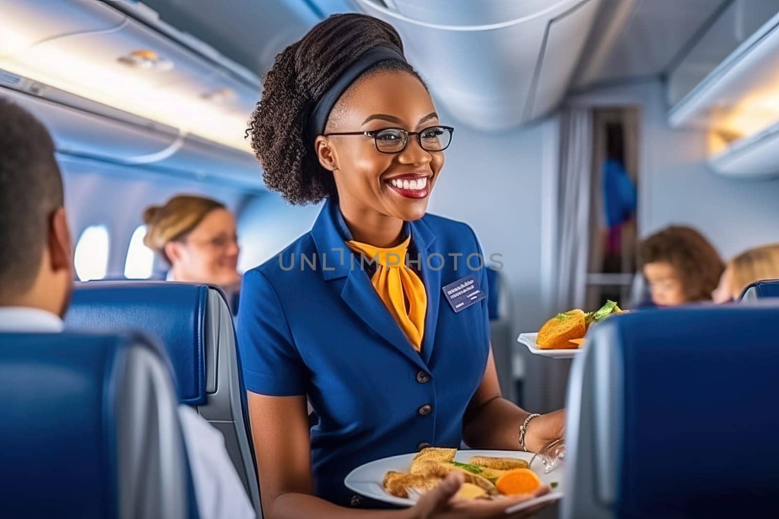 Portrait of an African American flight attendant serving drinks in the cabin. Generative AI. High quality illustration