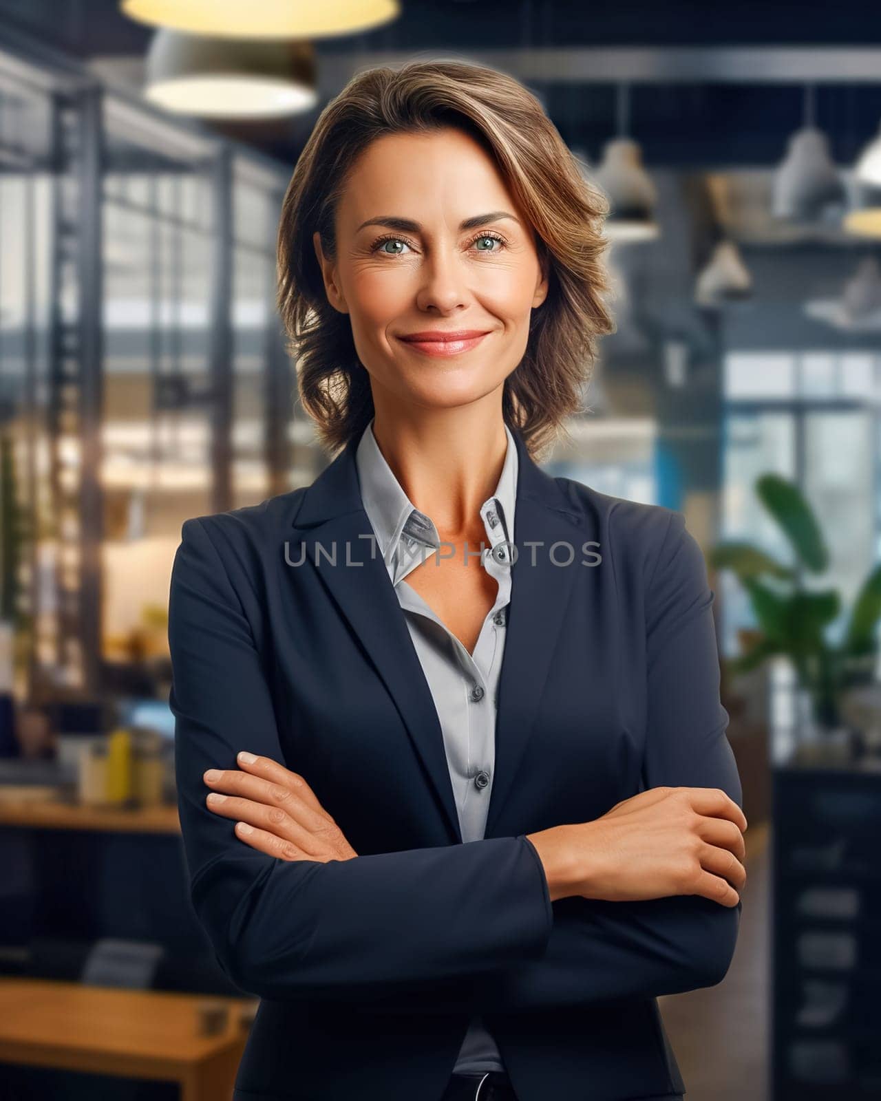 Portrait of a female executive with crossed arms. Generative AI. High quality illustration