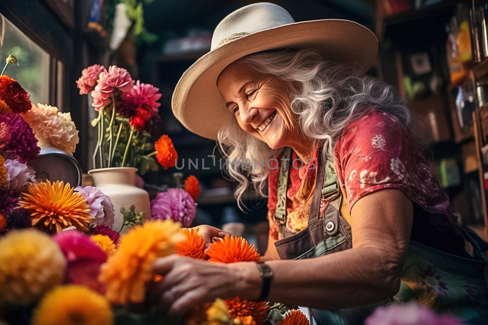 A retired woman grows flowers. Generative AI. High quality illustration