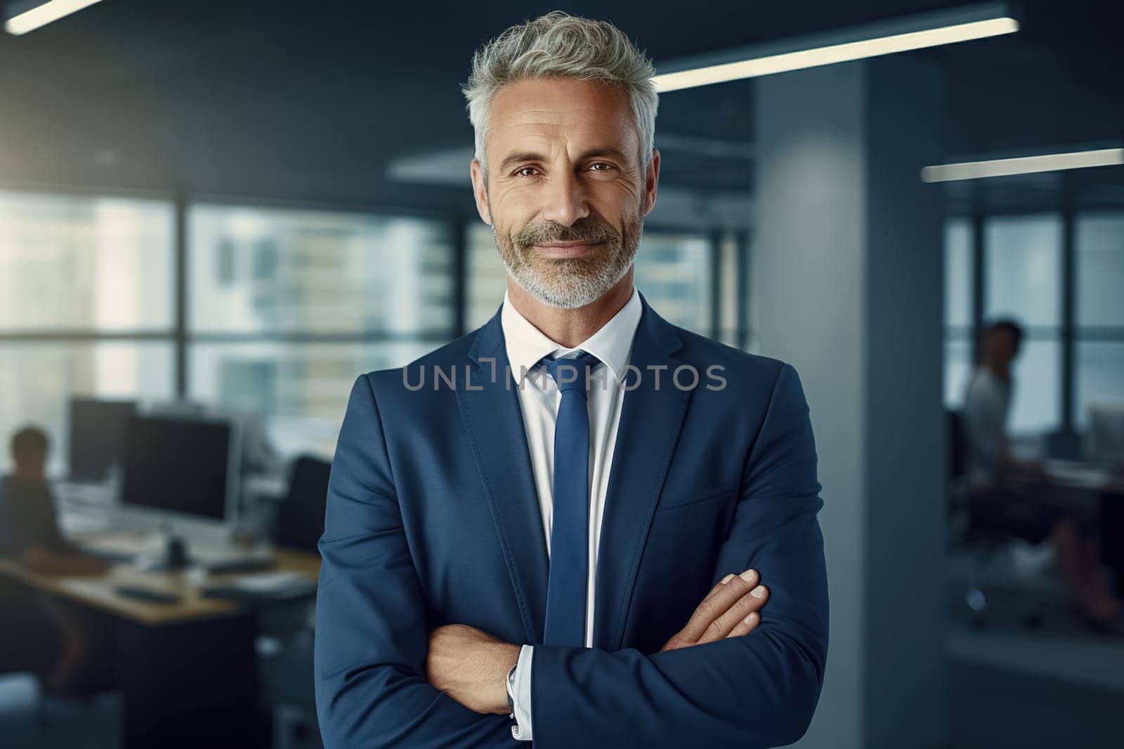 Portrait of a male executive with crossed arms. Generative AI. High quality illustration