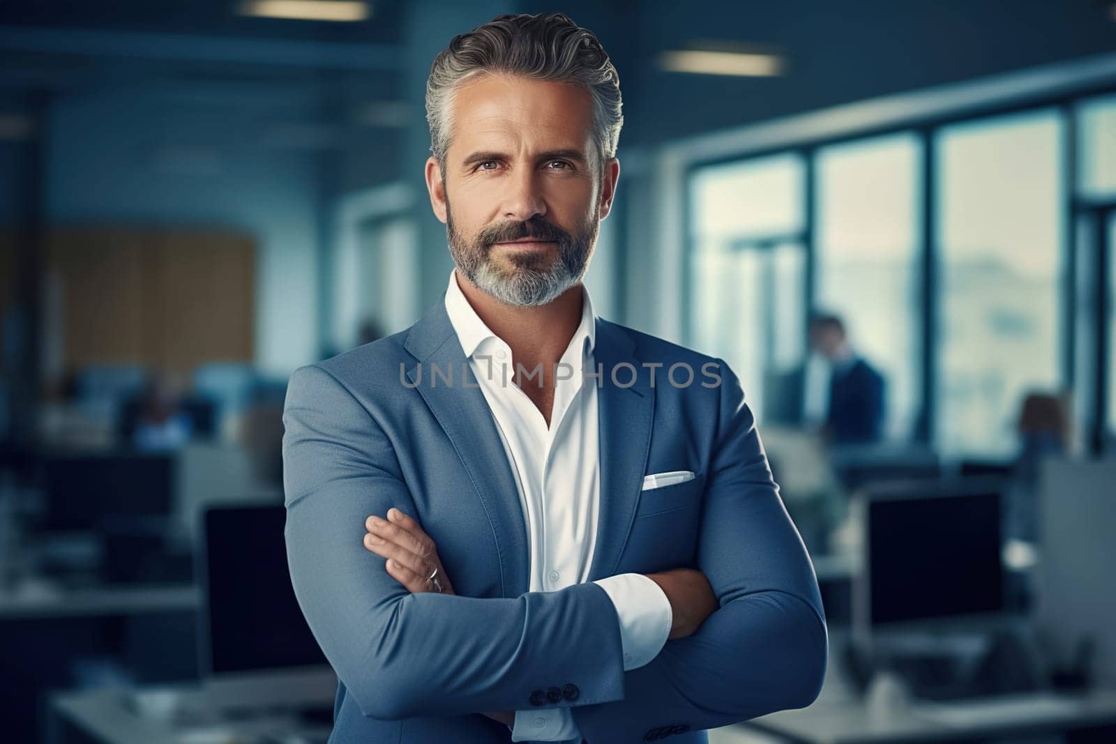 Portrait of a male executive with crossed arms. Generative AI. High quality illustration