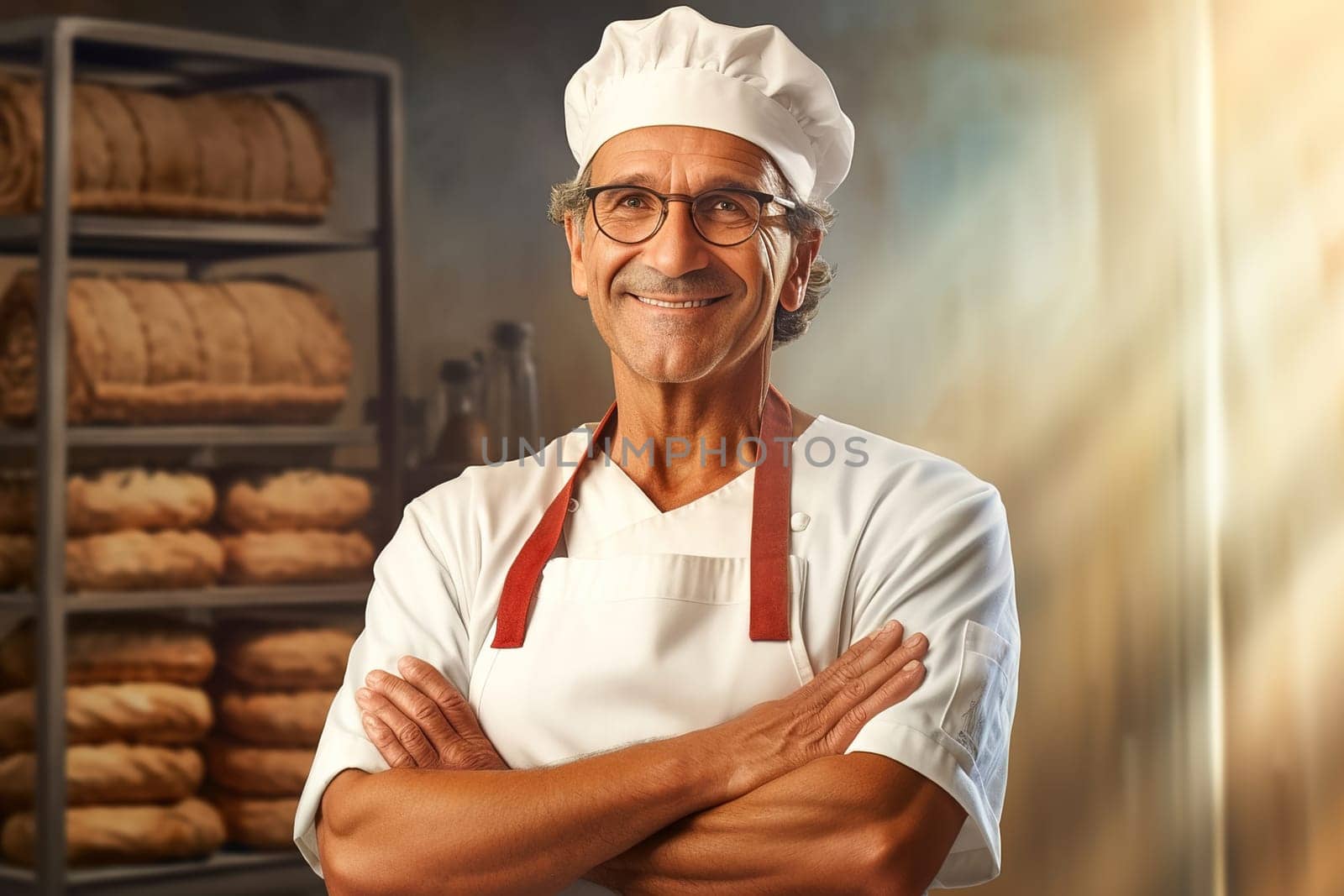 Portrait of a baker in a bakery on the background of bakery products. Generative AI. High quality illustration