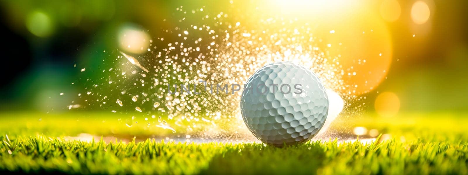 golf ball hitting the lawn causes a splash of water drops, sunset, made with Generative AI. High quality illustration