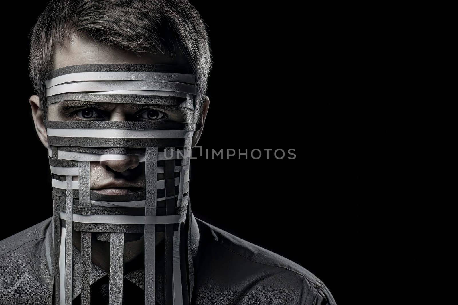 Provocative image of a gagged man, illustrating the oppressive effects of censorship and silenced voices