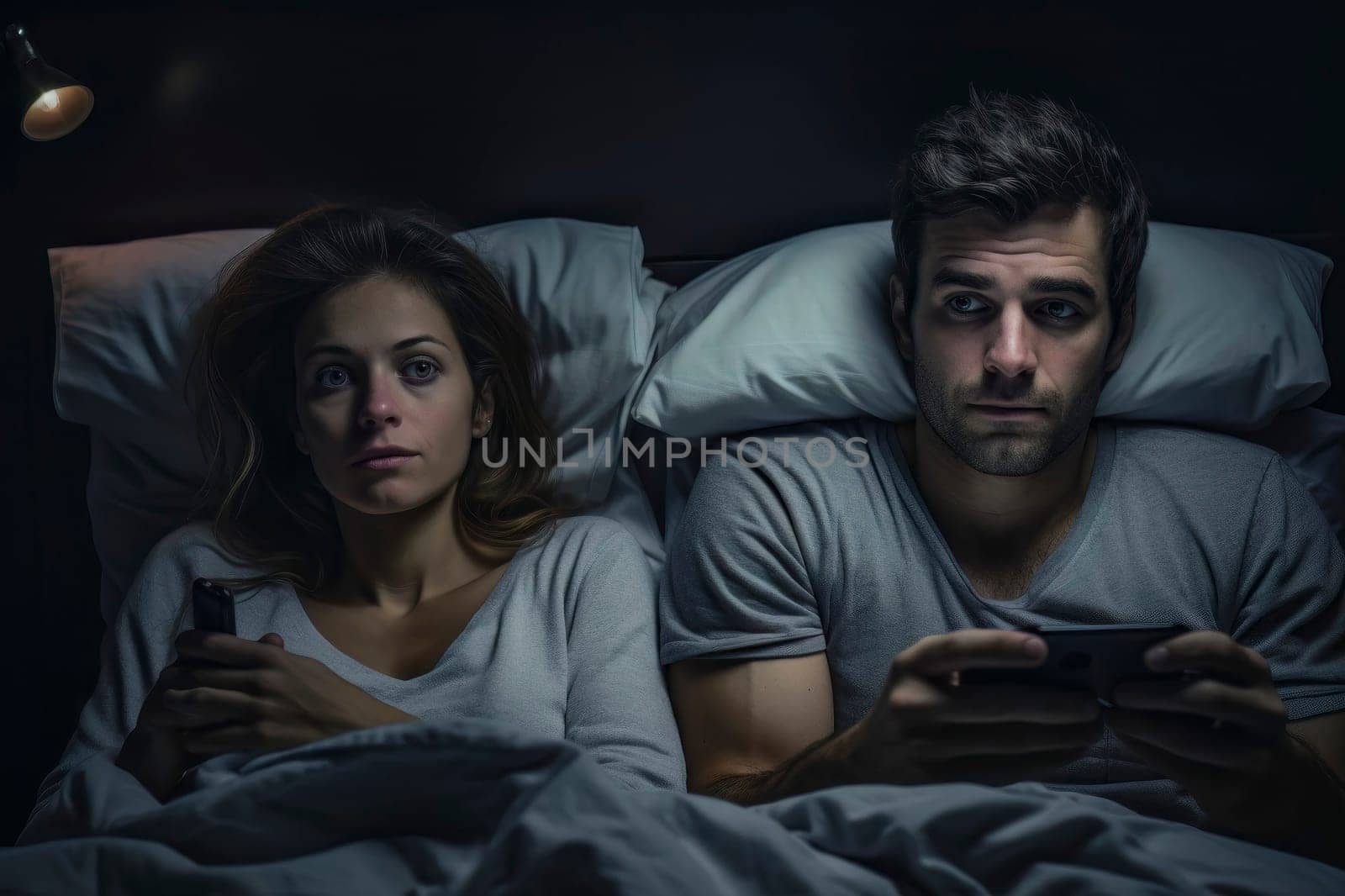 Photo of a couple in bed, each engrossed in their smartphones, representing excessive screen time impact.
