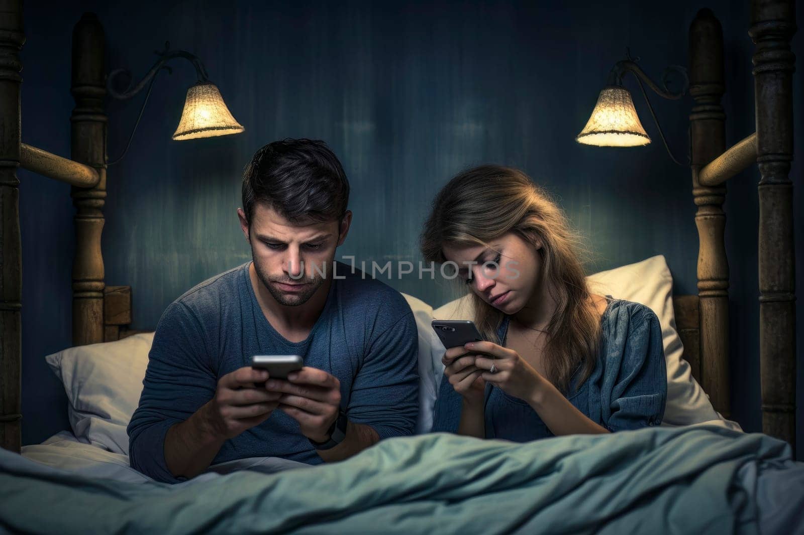 Couple in Bed, Absorbed in Smartphones by pippocarlot