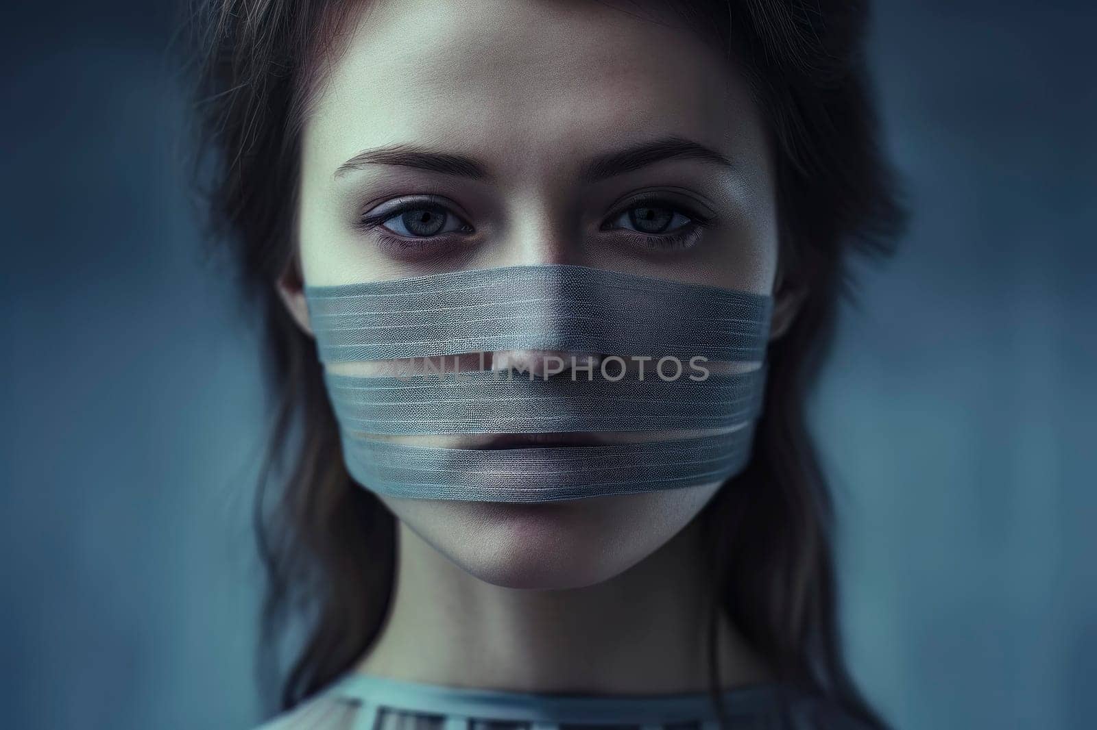 Powerful image of a gagged woman, representing the grim reality of censorship and silenced voices