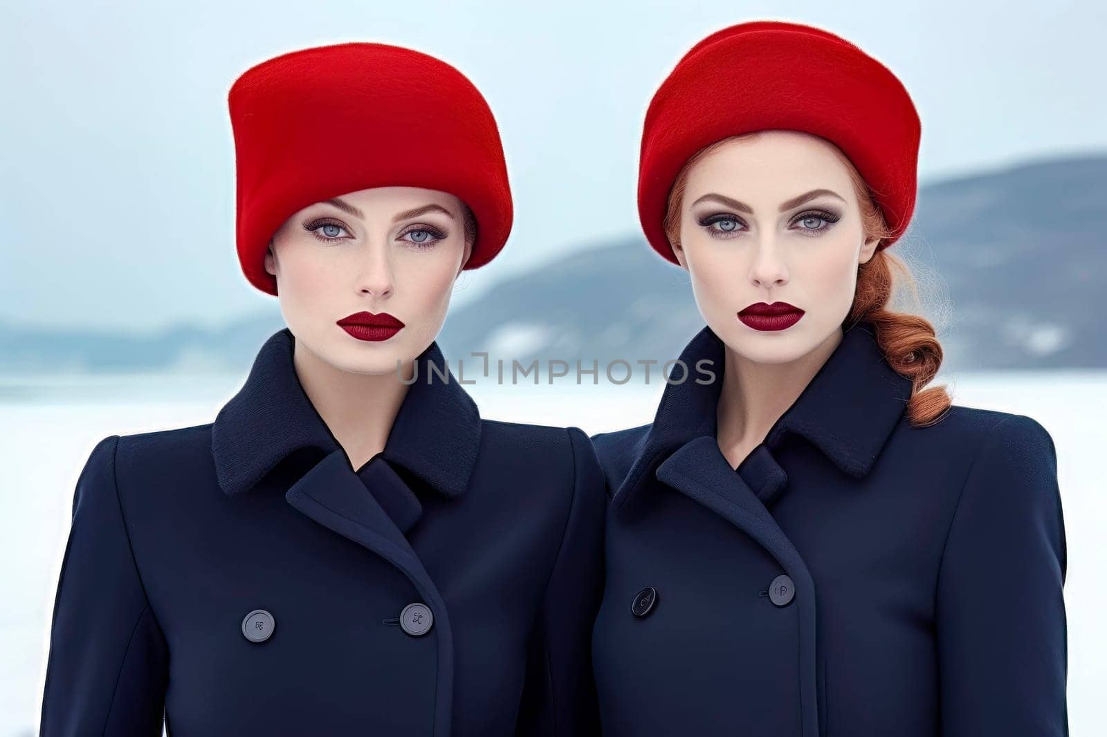 Portrait of twin Russian girls wearing distinctive red hats, showcasing their unique bond.