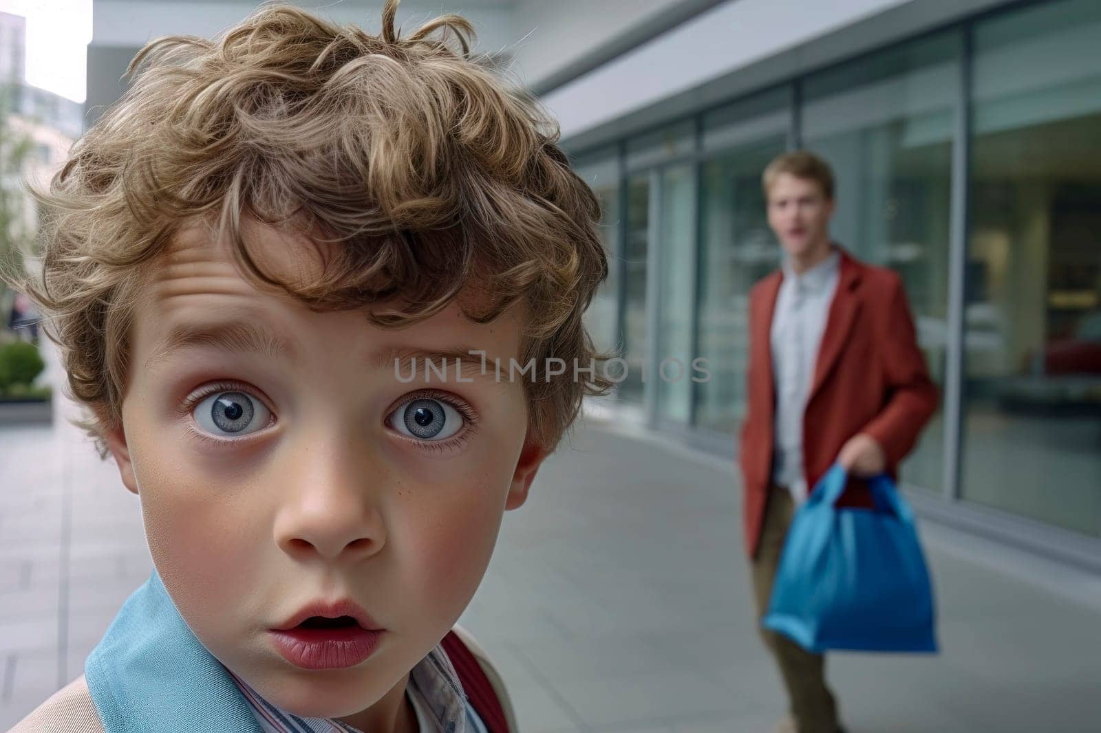 Surprised and enthusiastic child capturing a selfie while shopping, radiating joy and excitement.