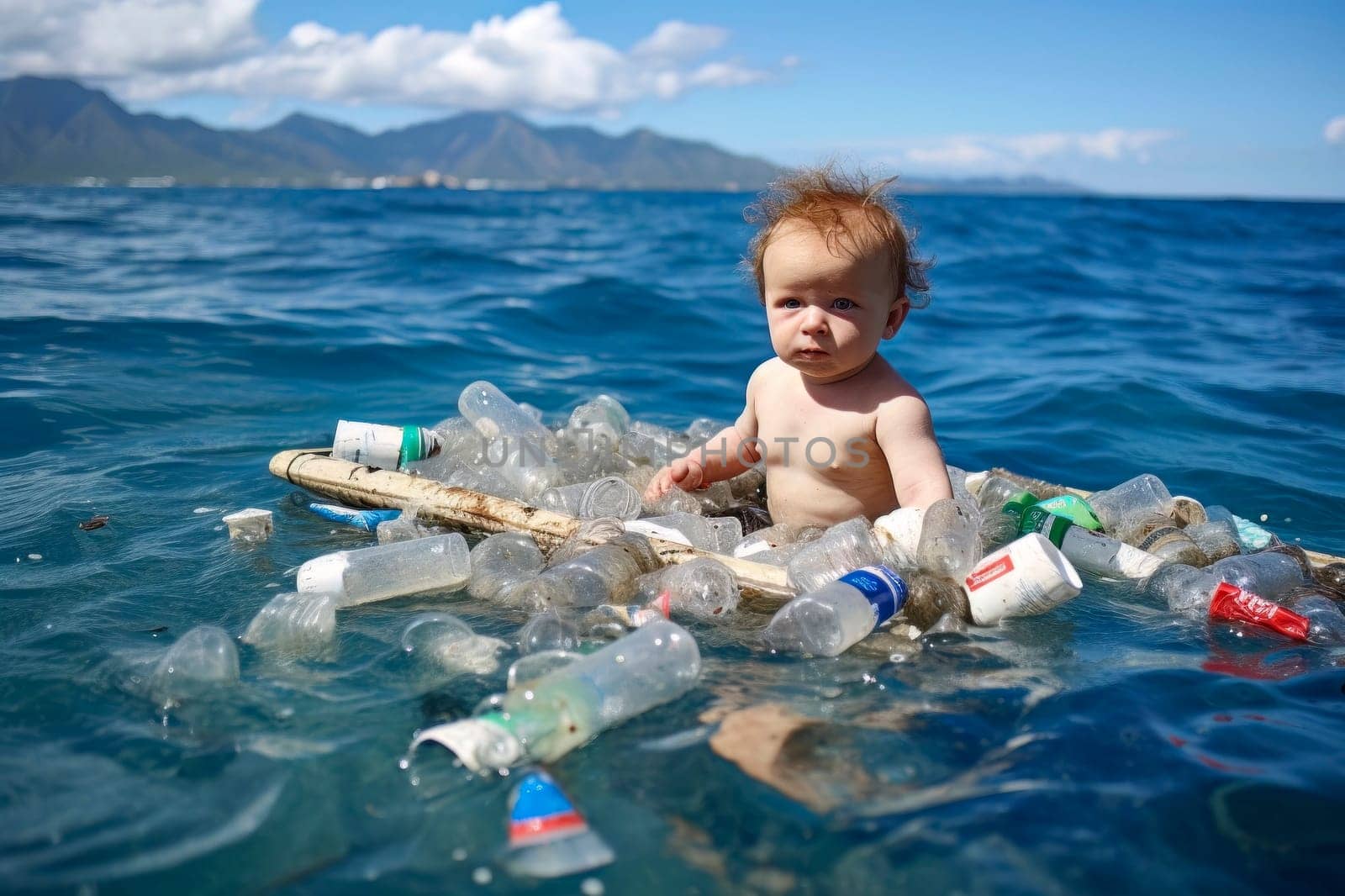 A Caucasian child bathes in the sea amongst trash, symbolizing environmental pollution
