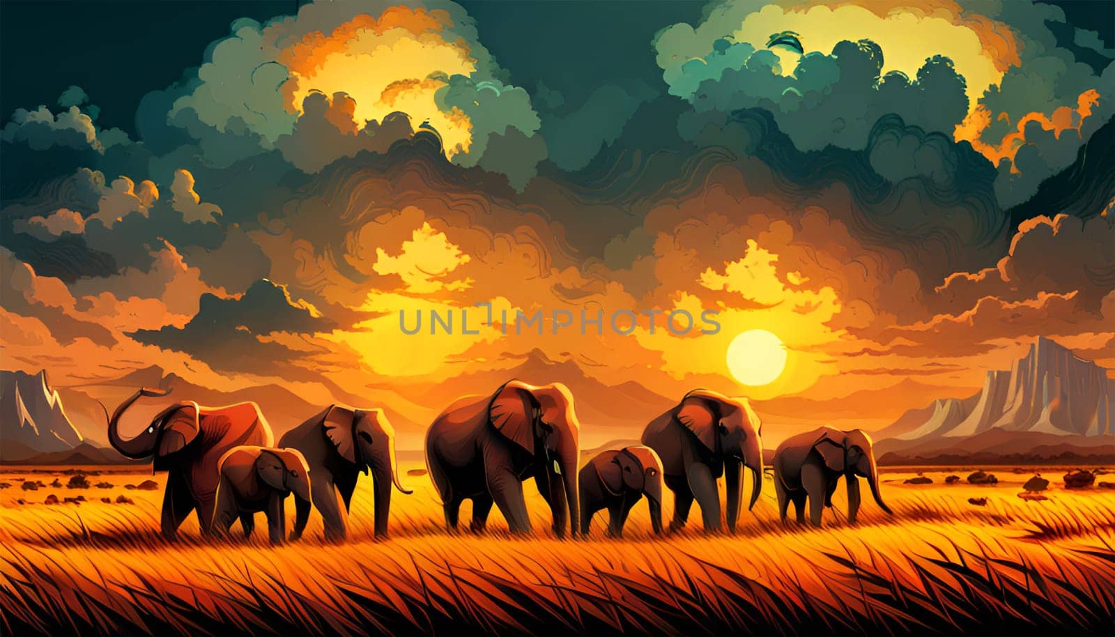 Herd of elephants in the savannah by sunset - Generative AI