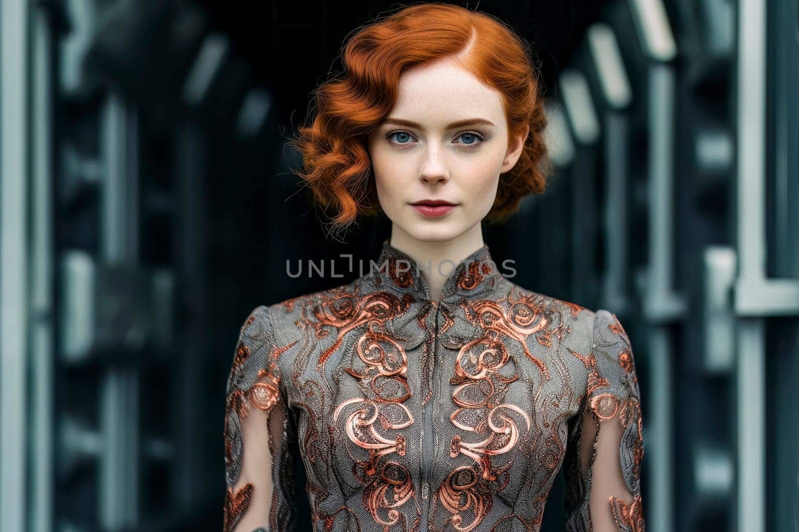 Captivating photo of a redhead girl dressed in exquisite 19th century clothing, exuding vintage charm and elegance