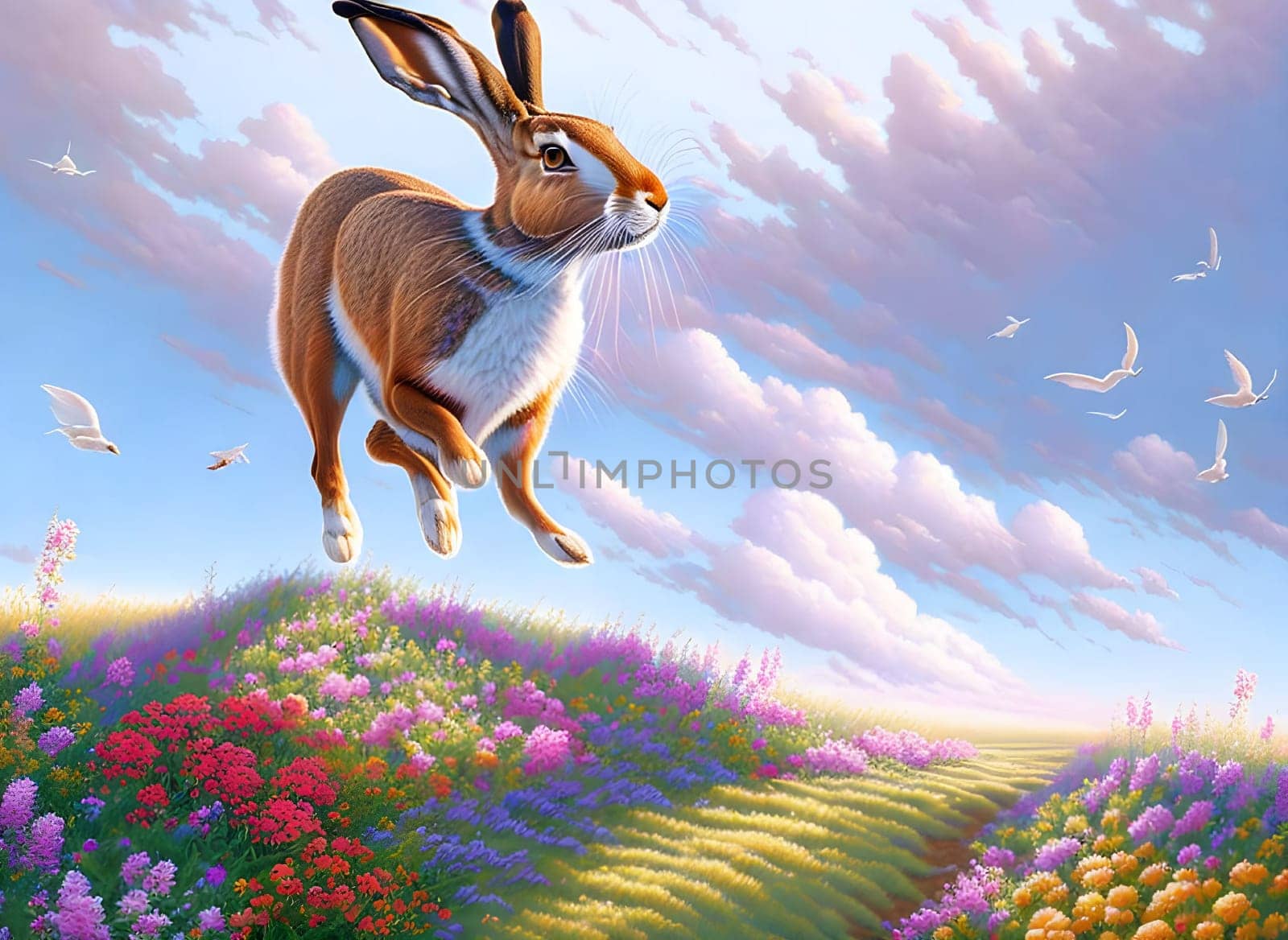 Hare running in nature upon spring flowers - Generative AI