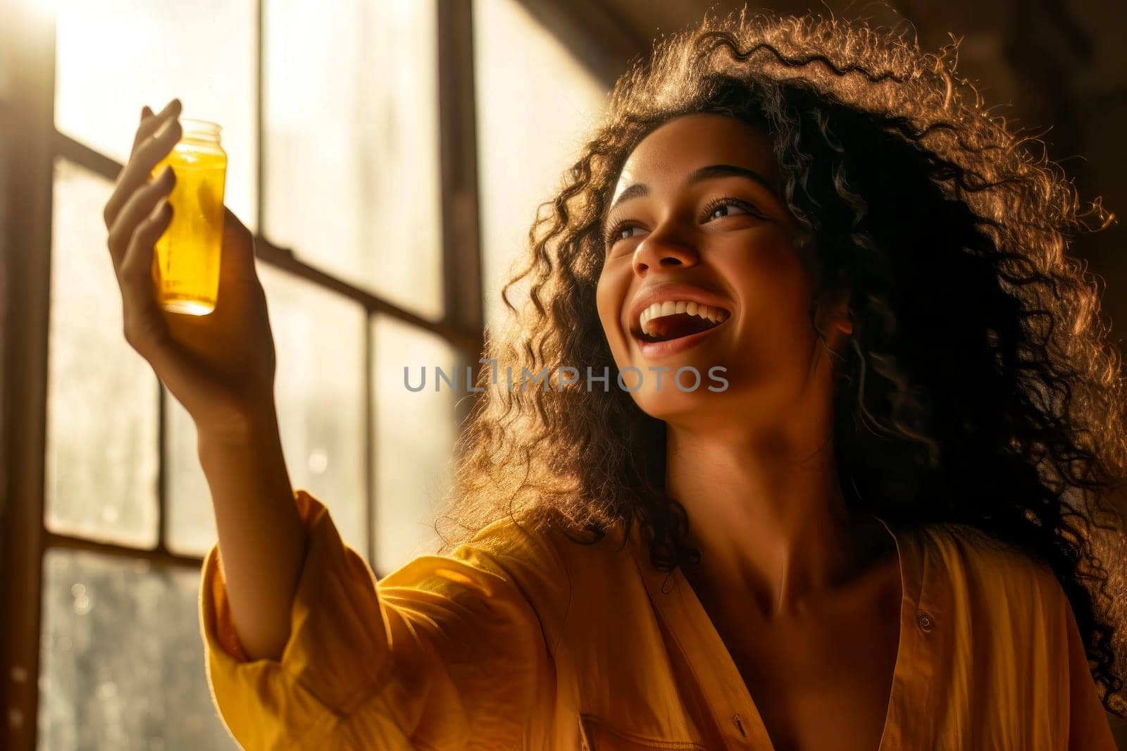 A photo portraying a smiling girl with a substance, symbolizing the concept of drugs.