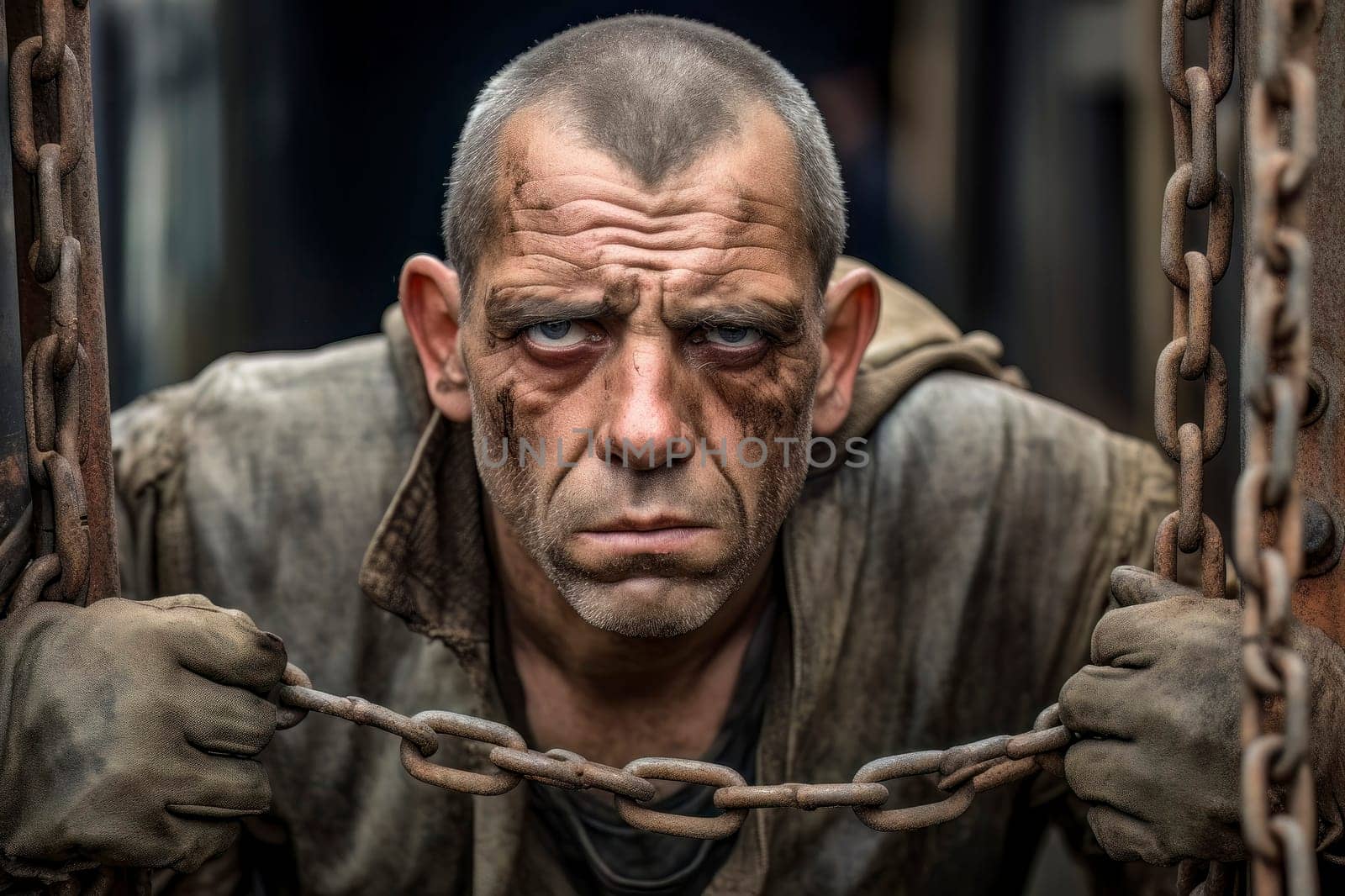 Emotive close-up portrait of a melancholic man trapped in chains.