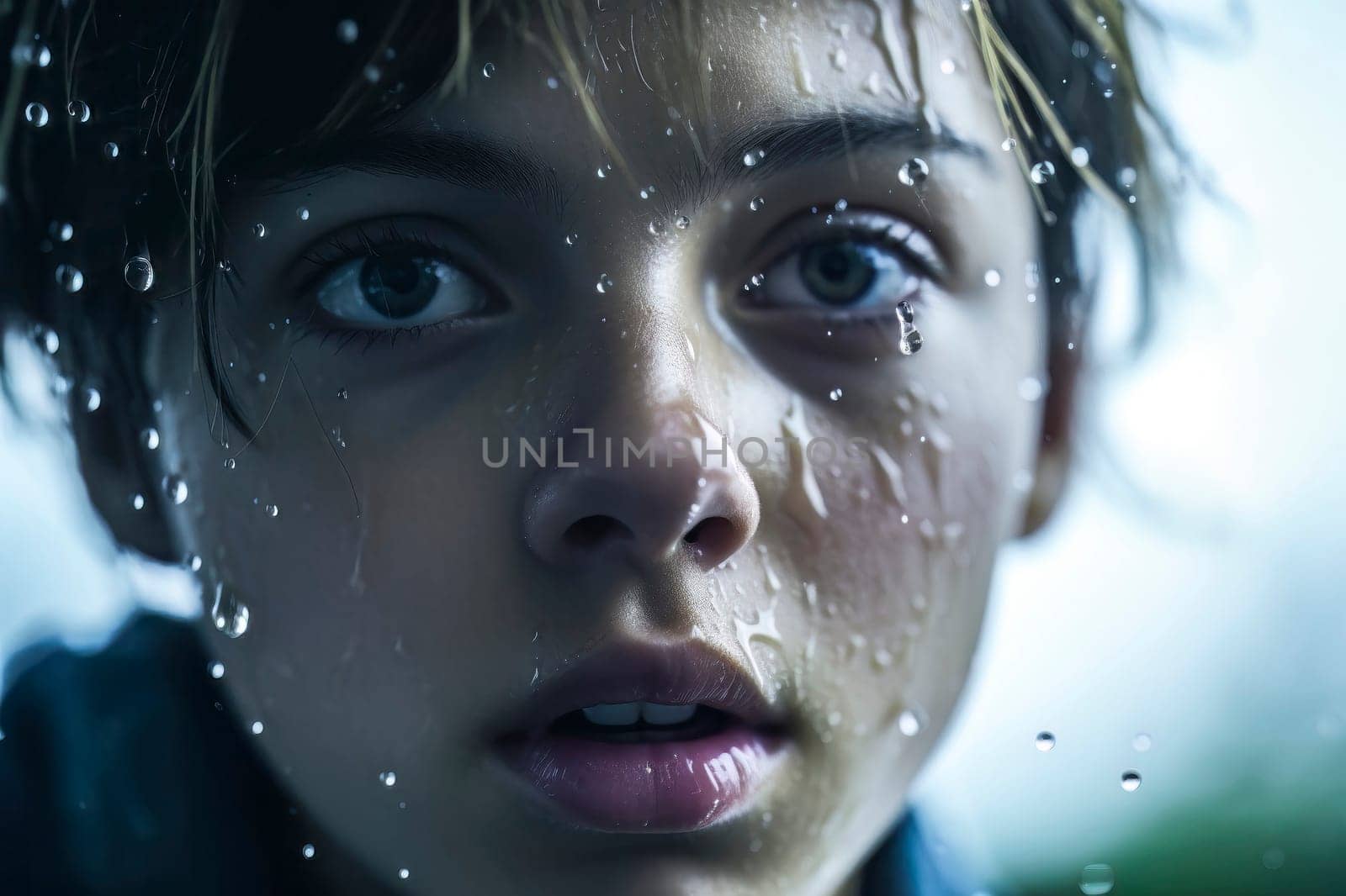 Emotive photo capturing a melancholic girl soaked in rain, reflecting her sorrow.