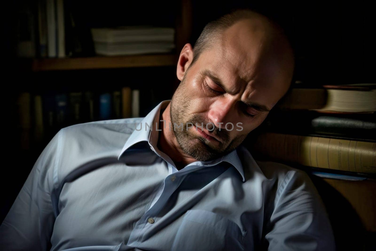 A tranquil image capturing a close-up of a man peacefully asleep amidst the books in a library.