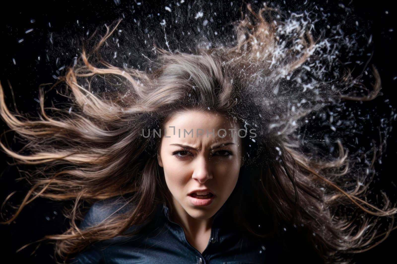 A captivating image capturing the intense emotion of an angry girl with her hair flying in the wind
