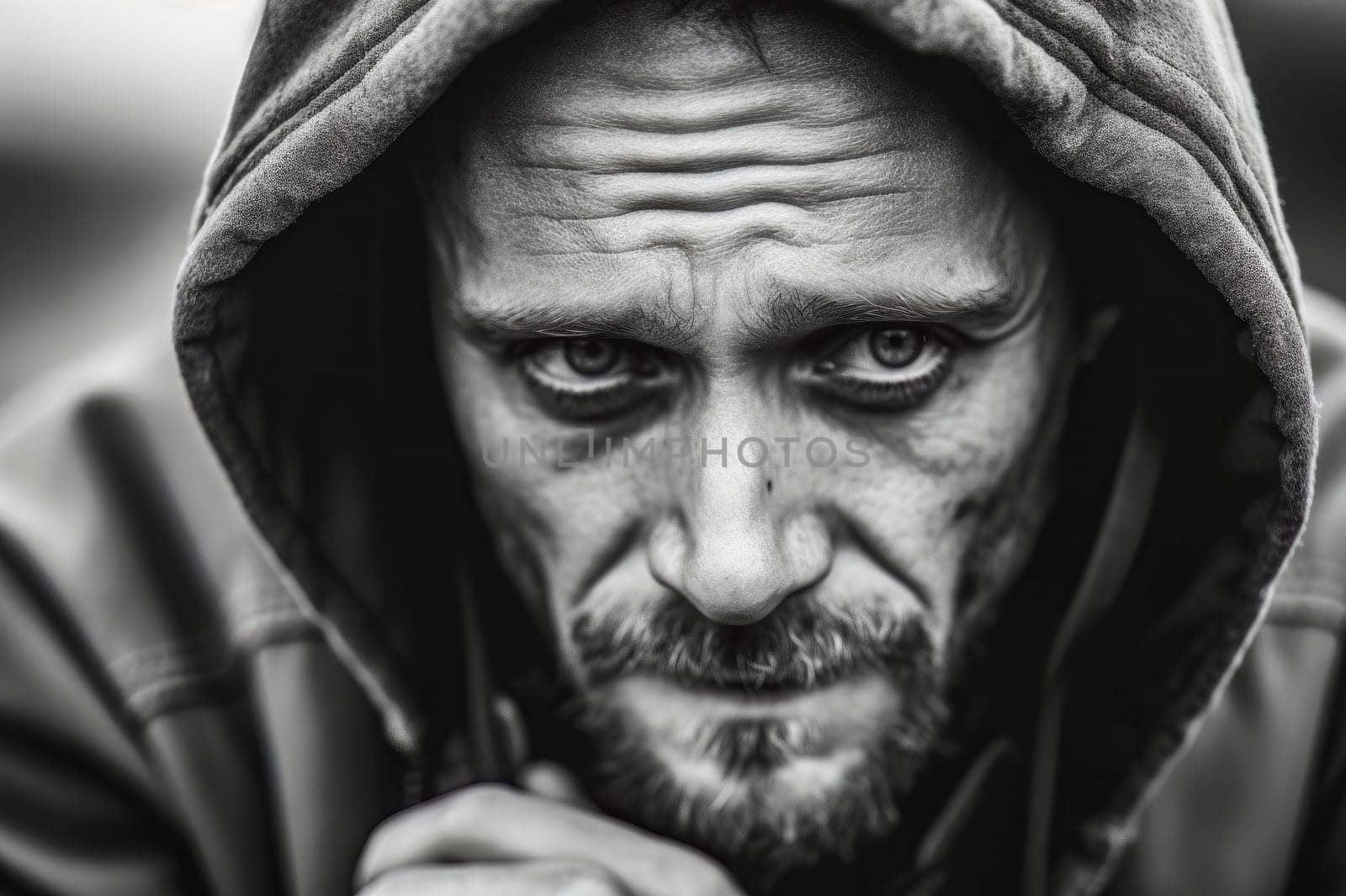 A poignant and evocative portrait of a man wearing a hoodie, conveying a sense of melancholy and introspection.