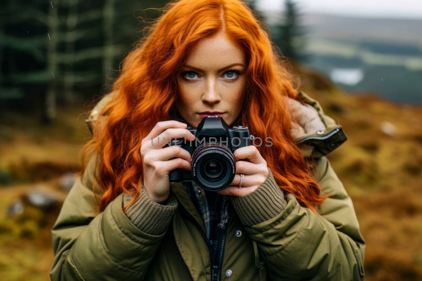 A talented redhead girl captures precious moments with her camera, showcasing her passion for photography