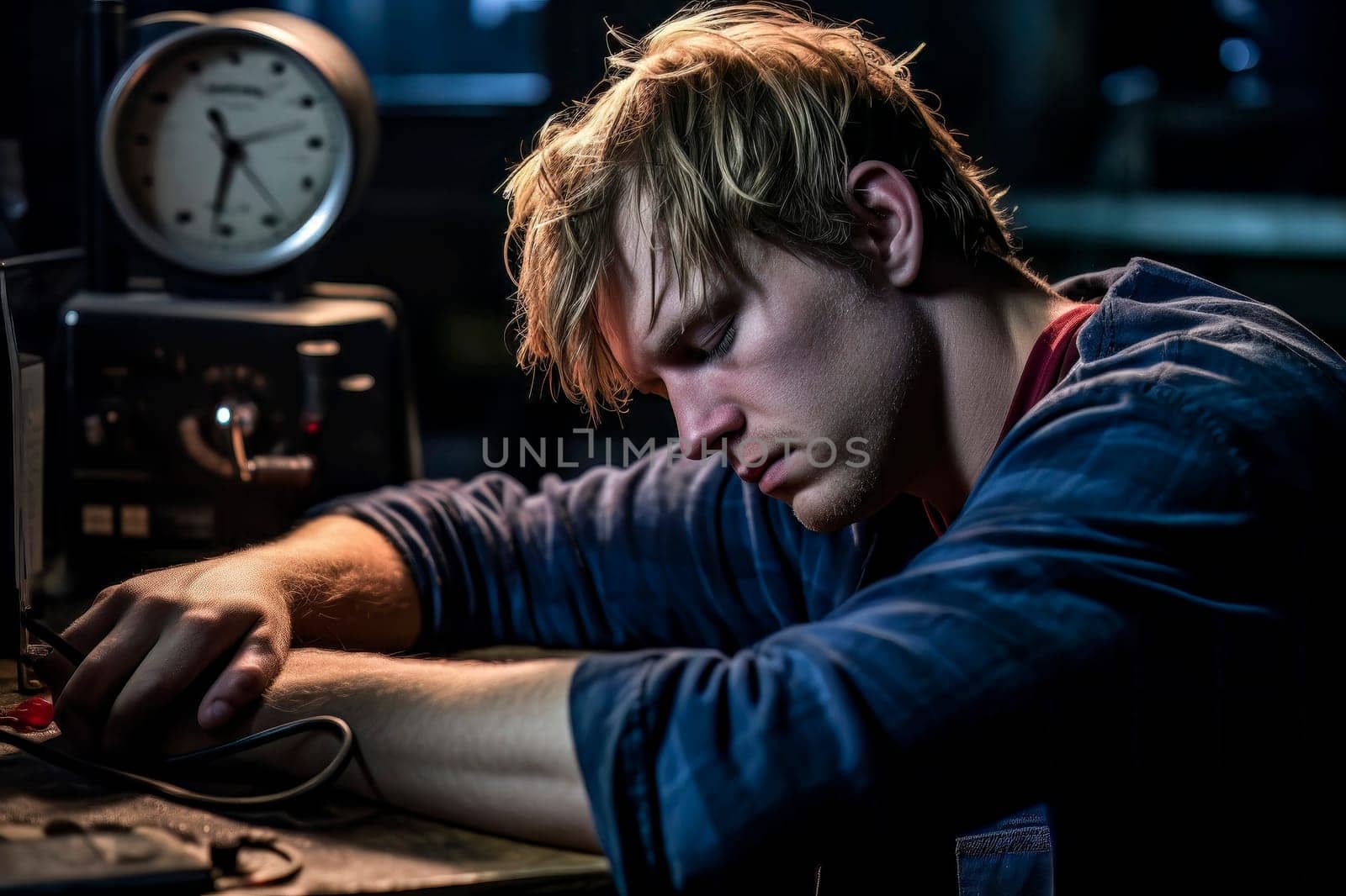 Capture the moment when an exhausted worker has dozed off during work, highlighting the challenges of fatigue in the workplace.