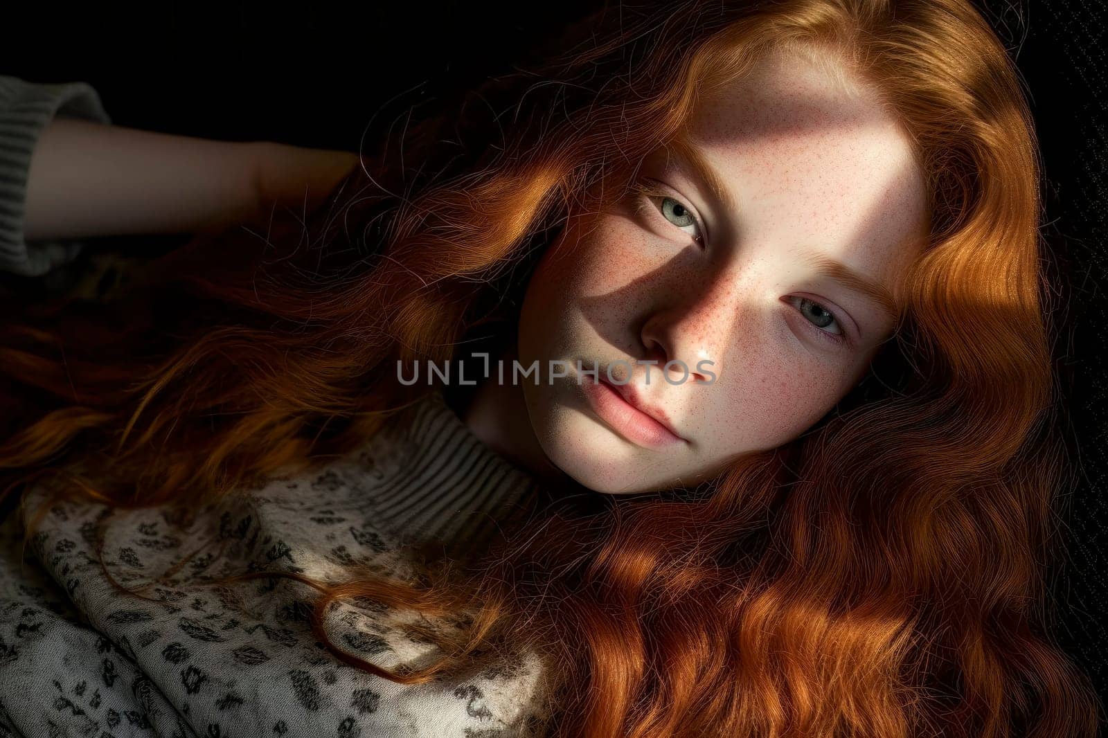 Capture the charm and allure of a gentle redhead girl with freckles in a captivating close-up portrait