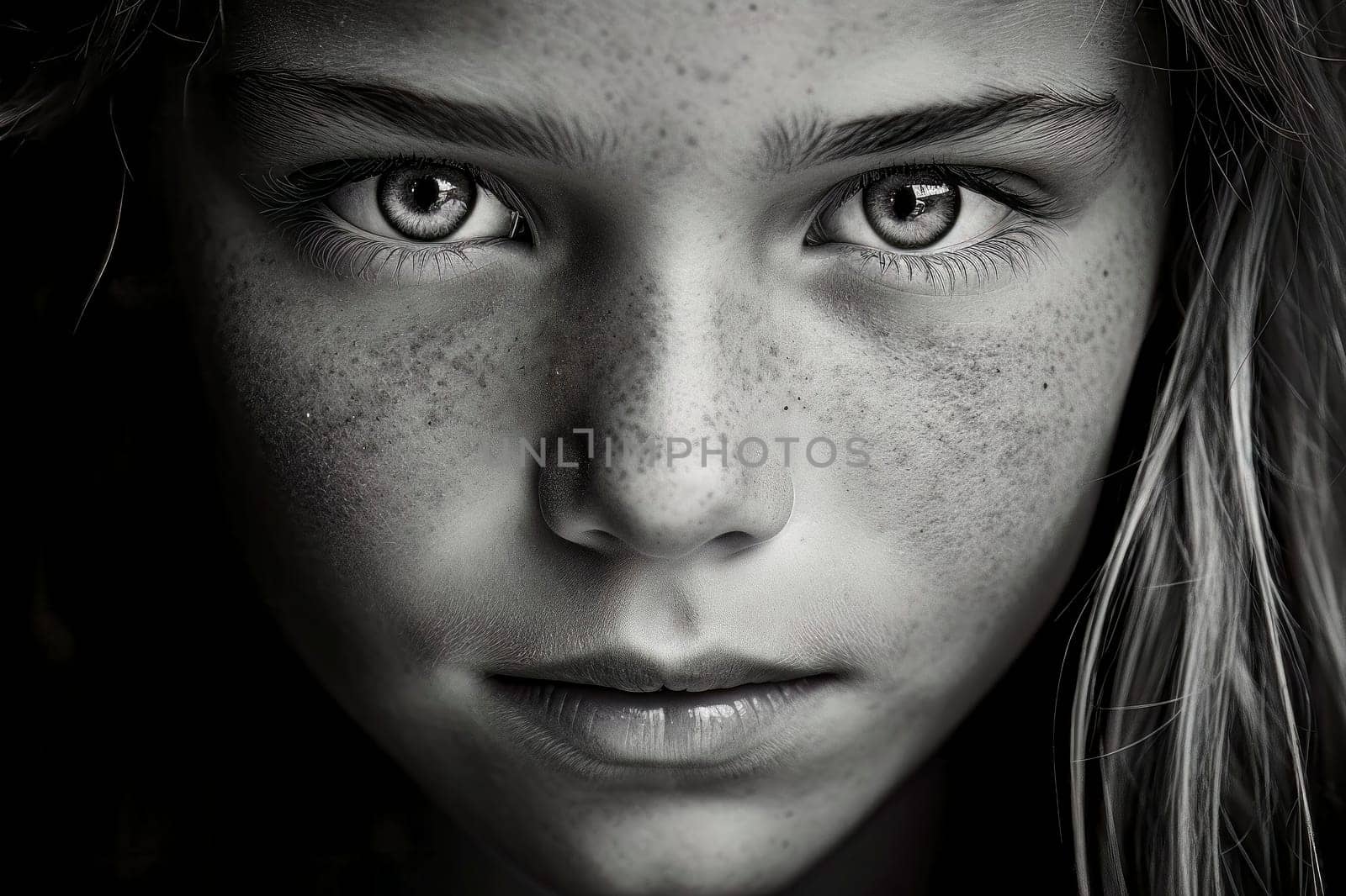 Capture the innocence and charm of a sweet girl with freckles in a black and white close-up portrait