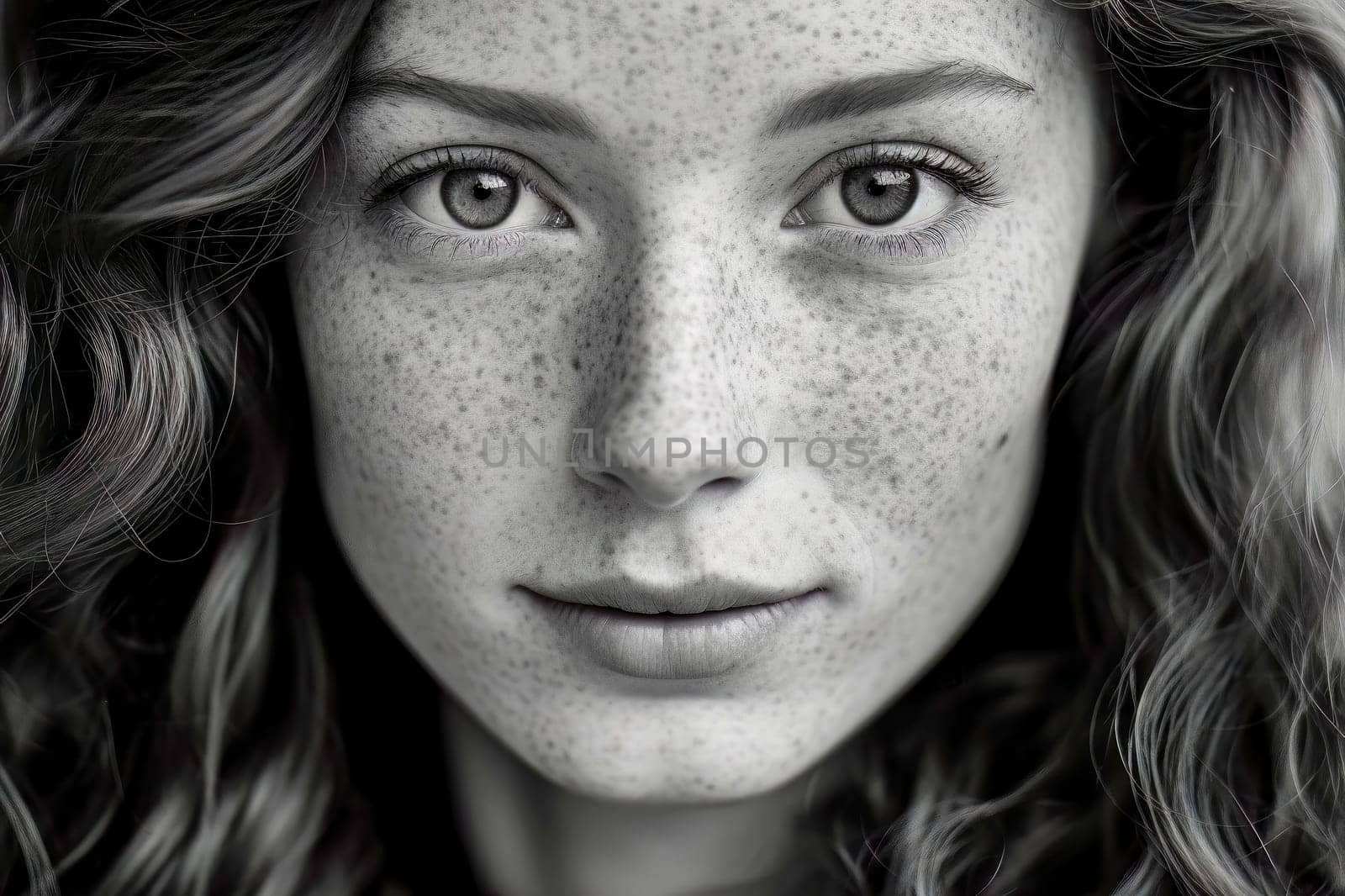 Capture the innocence and charm of a sweet girl with freckles in a black and white close-up portrait