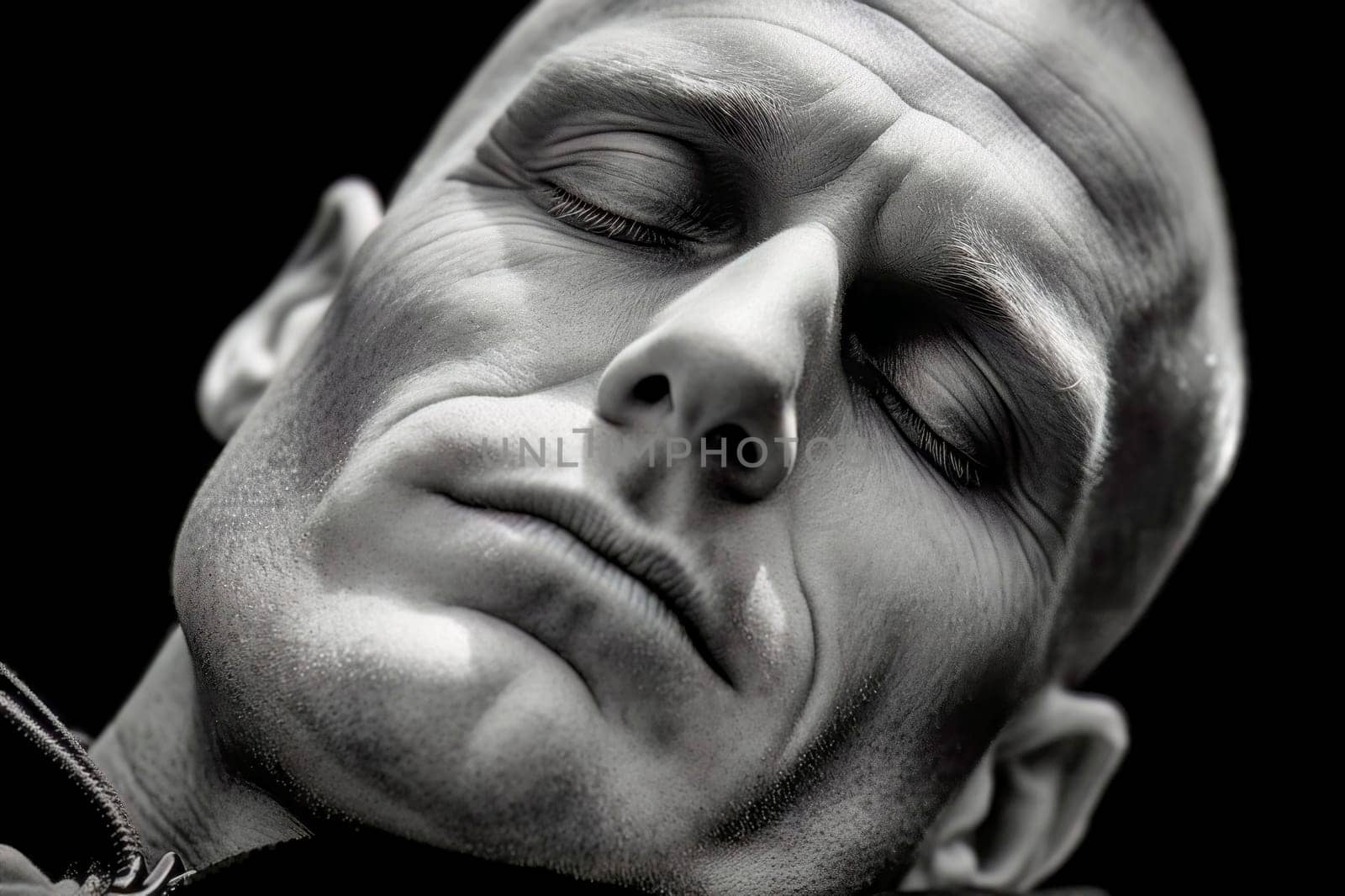 A captivating black and white portrait of a sleeping man with angular features, exuding a sense of mystery