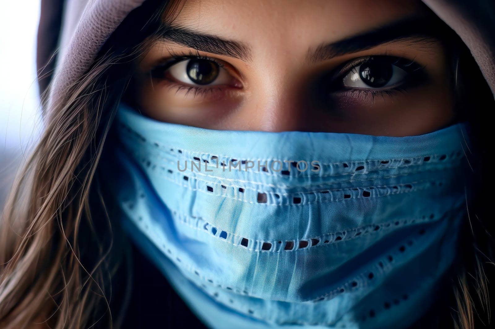 Urban style girl wearing hoodie and medical mask during pandemic, portraying resilience.