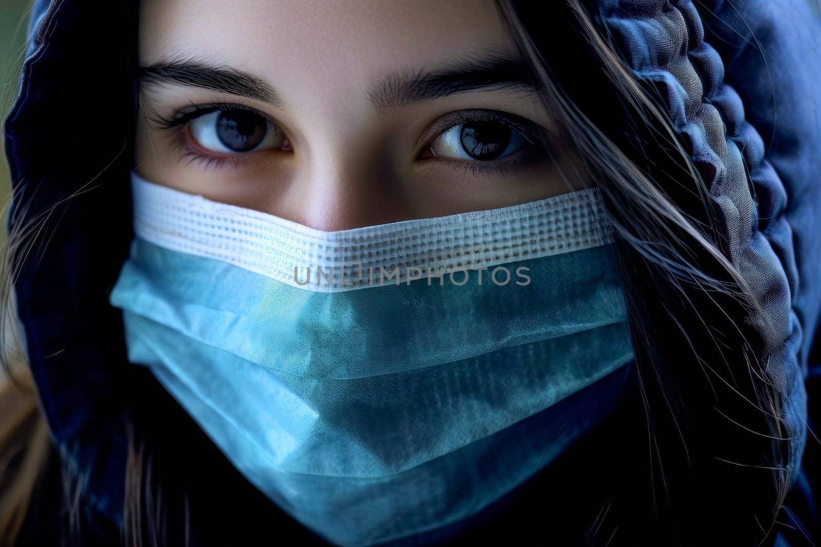 Urban style girl wearing hoodie and medical mask during pandemic, portraying resilience.