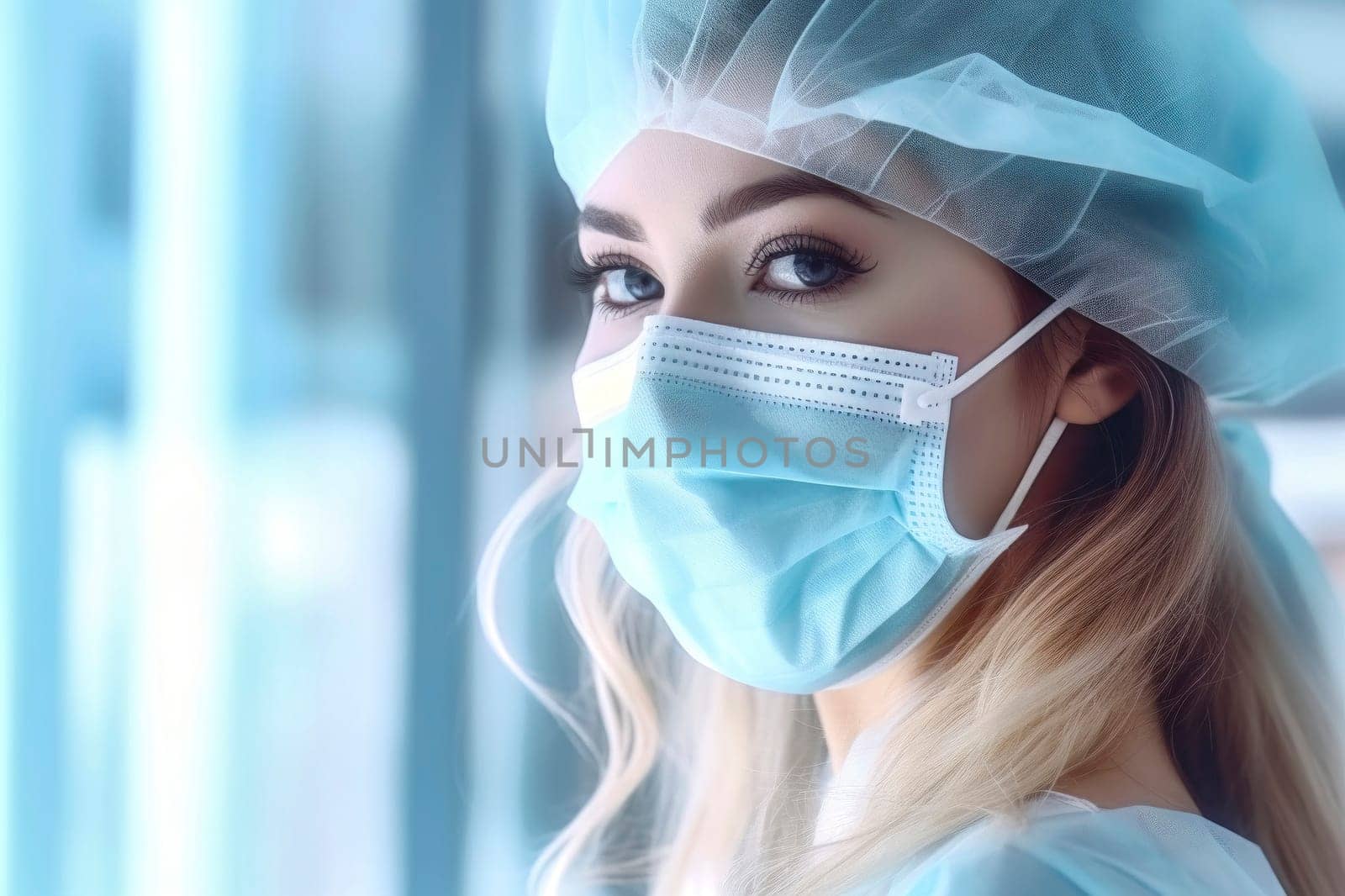 Young healthcare worker wearing medical mask amidst global pandemic, ensuring safety