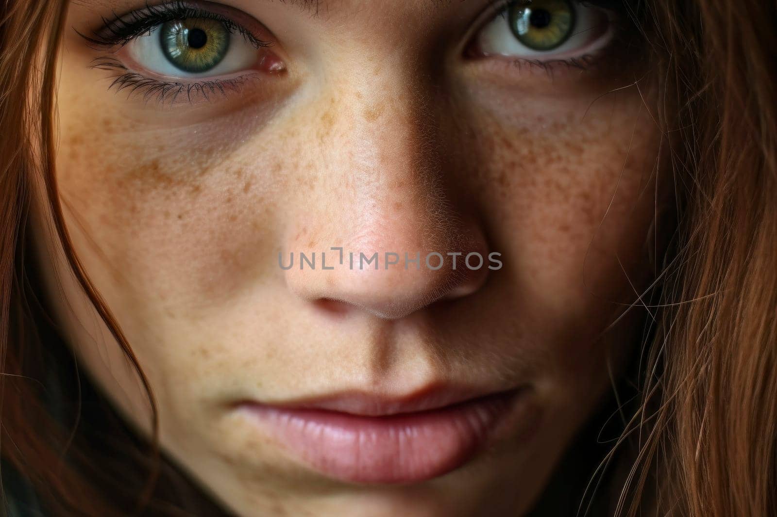 Captivating close-up portrait of a redhead girl with freckles, showcasing her unique beauty.