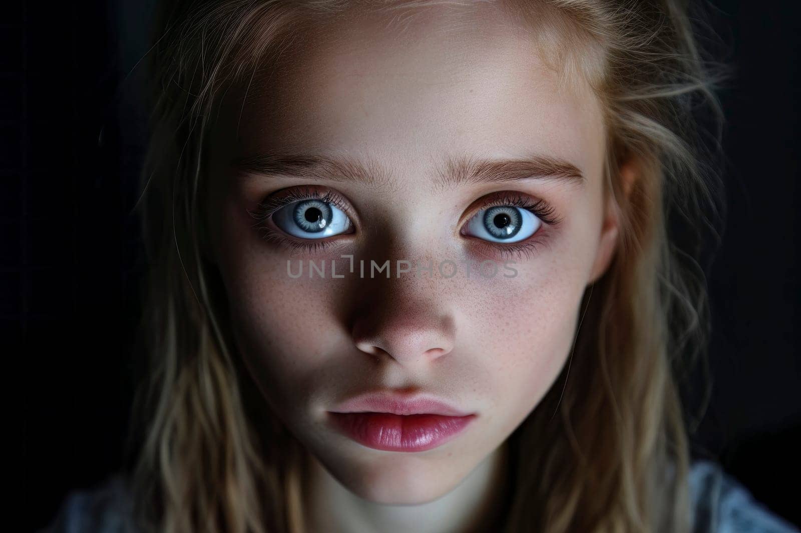A captivating close-up portrait of a young girl with wide-open eyes.