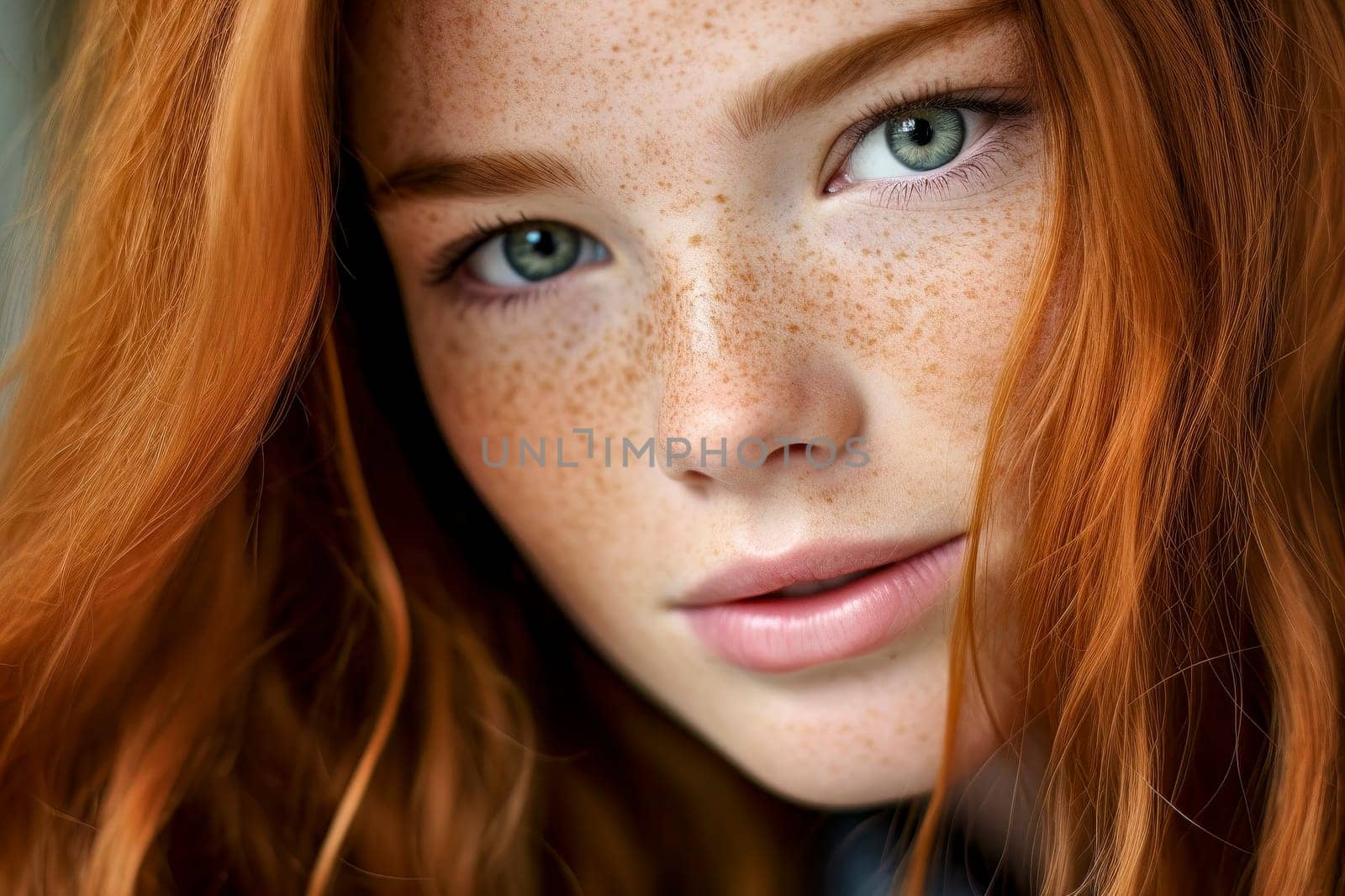 Captivating close-up portrait of a redhead girl with freckles, showcasing her unique beauty.